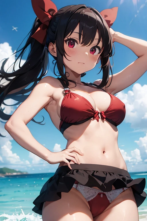 Reimu Panties visible Huge breasts Breasts visible, troubled face Wearing a swimsuit  visible Breast size is 25 Panties are red or black Masterpiece Armpits visible Water coming out