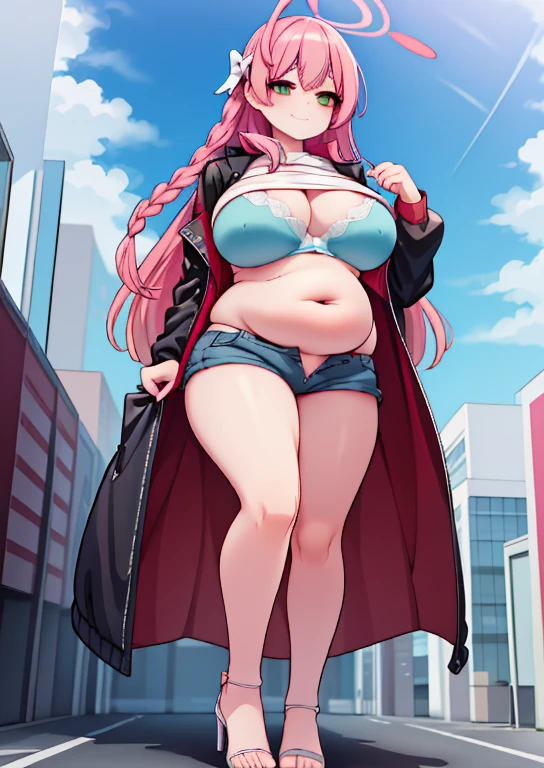 (masterpiece, best quality, highly detailed), 1girls, big belly, huge belly, art by kipteitei, round belly, chubby, curvy, belly grab, enormous belly, fat belly, thicc, bigger belly, really big belly, jiggly belly, glasses, unzipped jacket, (no shirt), bra, thight shorts, high heels, smug face ((full body)), long hair, ((dominant)), giantess