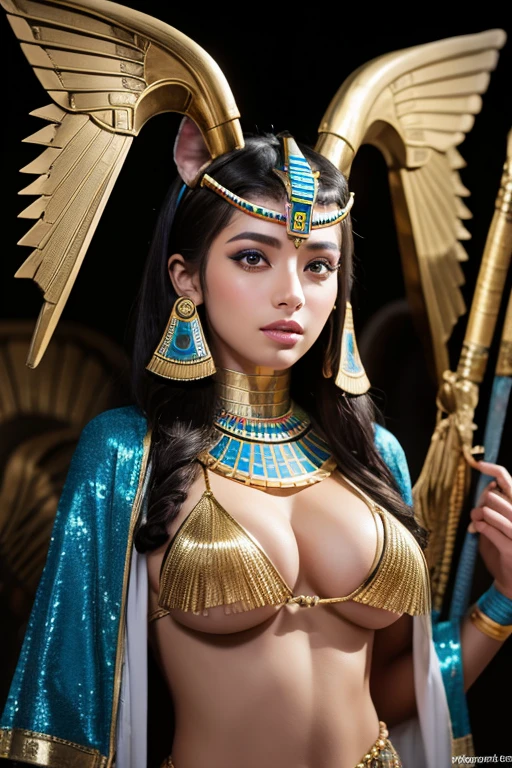 8k,(Egyptian God), Beautiful female personification of Anubis,Ultra-high resolution,Ultra-realistic,wilderness,What&#39;s left behind, Rich colors, Backlight, Cinema Lighting, Film Grain, born, 50mm lens,Nikon　D850,Colorful black anubis mask, Full body portrait, Taken at the best angle, Even big breasts, Ancient Egyptian costumes