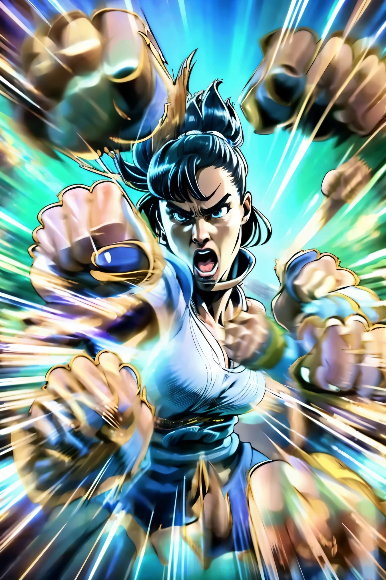 city in background, a woman, upper body, beautiful eyes, beautiful girl, high detail skin, high detail eyes, high detail hair, highres, ultra detailed, sharpen picture, Highly detailed, masterpiece, best quality, photorealistic, ((punching, rushpunch, clenched hands, motion blur, open mouth, looking at viewer, fighting stance, clenched hand, solo))