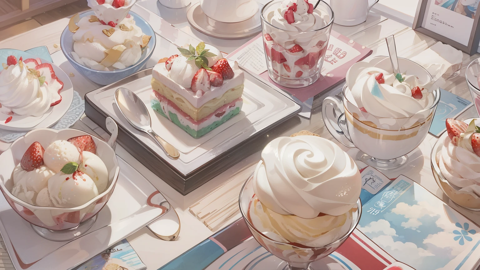 Q version、Manga style、ice cream、strawberry、cream、cherry、Glass、View from above
