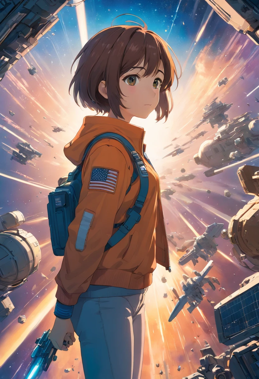 hay una mujer sosteniendo un arma frente a una nave espacial, imperio arruinado en el fondo, arte oficial del personaje, zombie of eternal damnation, oriana, pintura de c - 3 p 0, inspirado en Sargent Johnson, planeta cielo en el fondo, imagen promocional de juno, casco completo