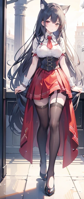 ((best quality)), ((masterpiece)), (detailed), perfect face, Red Riding Hood, large breasts, thin waist, long thin legs, stockings, high heels, corset, garder belt, very thin body, dark creepy forest, epic view, wide view, wolf, large wolf