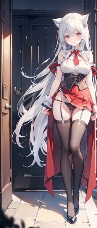 ((best quality)), ((masterpiece)), (detailed), perfect face, Red Riding Hood, large breasts, thin waist, long thin legs, stockings, high heels, corset, garder belt, very thin body, dark creepy forest, epic view, wide view, wolf, large wolf