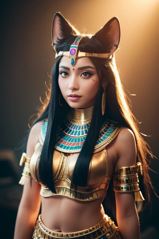 8k,(Egyptian God), Beautiful woman personification of Bastet,Ultra-high resolution,Ultra-realistic,wilderness,What's left behind, Rich colors, Backlight, Cinema Lighting, Film Grain, born, 50mm lens,Nikon D850,Colorful black Bastet mask, Full body portrait, Taken at the best angle, Even big breasts, Ancient Egyptian costumes