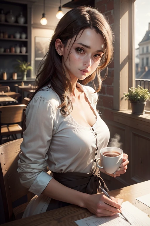 Realistic characters, café, natural light, Vivid details, sportrait, Vrai visage, Une haute résolution, meticulous, realism, Un chef-d&#39;work of&#39;un peintre, Valuable details, Texture de la peau, Clothing Details, Realistic look, De vraies émotions, Cafe atmosphere, Cup of coffee, Soft light, une chaise, bureaux, very realistic