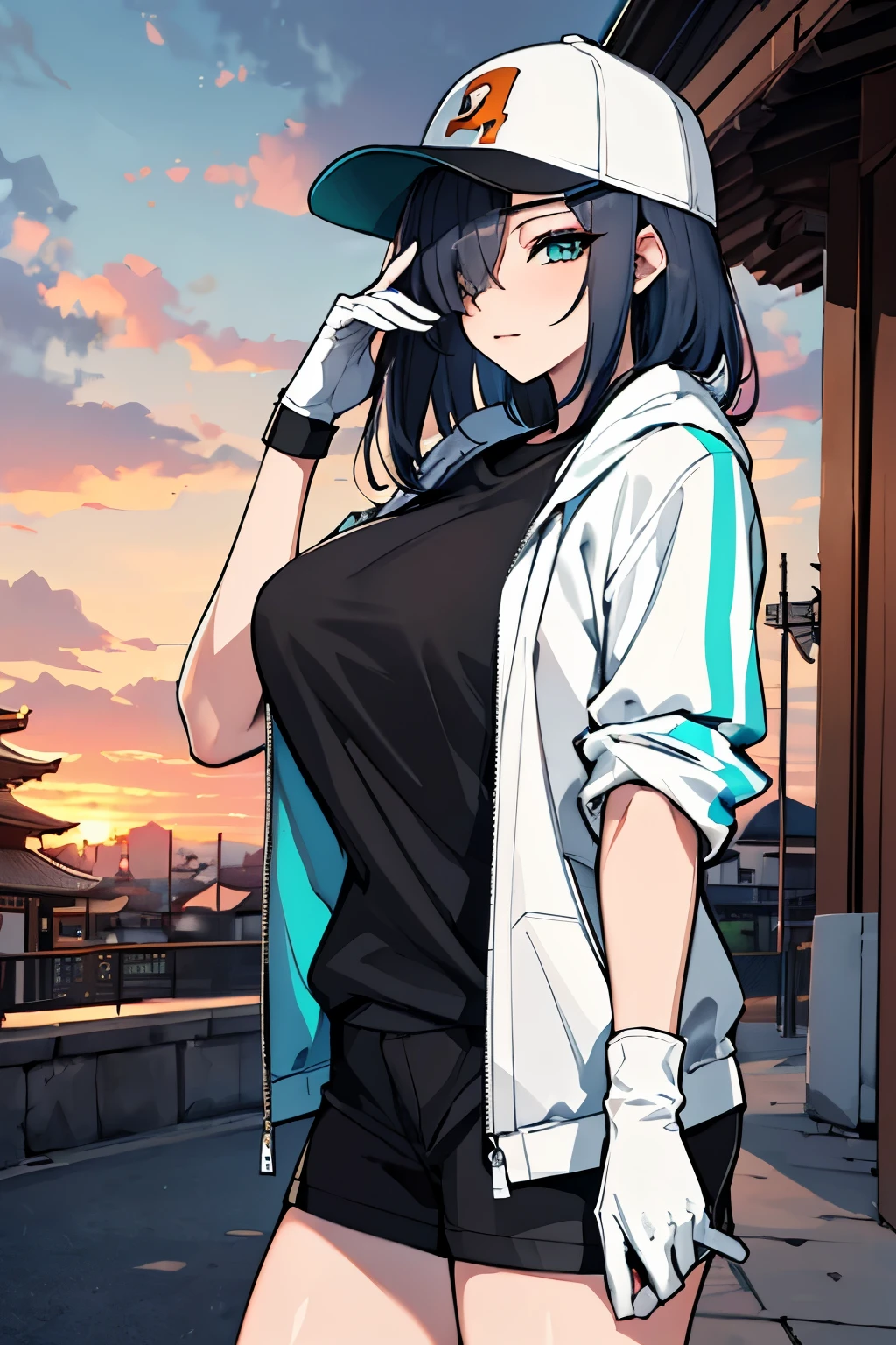 (Absurd, 8k, 4K, masterpiece, Extremely detailed:1.2), alone, One girl, View your viewers, Portraiture, highest quality, Expressive eyes, Perfect Face, One girl, Portraiture, View your viewers, alone, Are standing, woman, Toned body, 成熟したwoman, Too big breasts, pale, Turquoise Hair, Calm, Medium Hair, balance, Long gloves, Hair on one eye, Yin and Yang, Fufa, Master of Perception, it was_fua, hair accessory, Calm, wallet, Pause, Temple Background, Cloudy, sunset, Hair covering one eye, Casual wear, Baseball cap, White shirt, Open jacket, Half Body