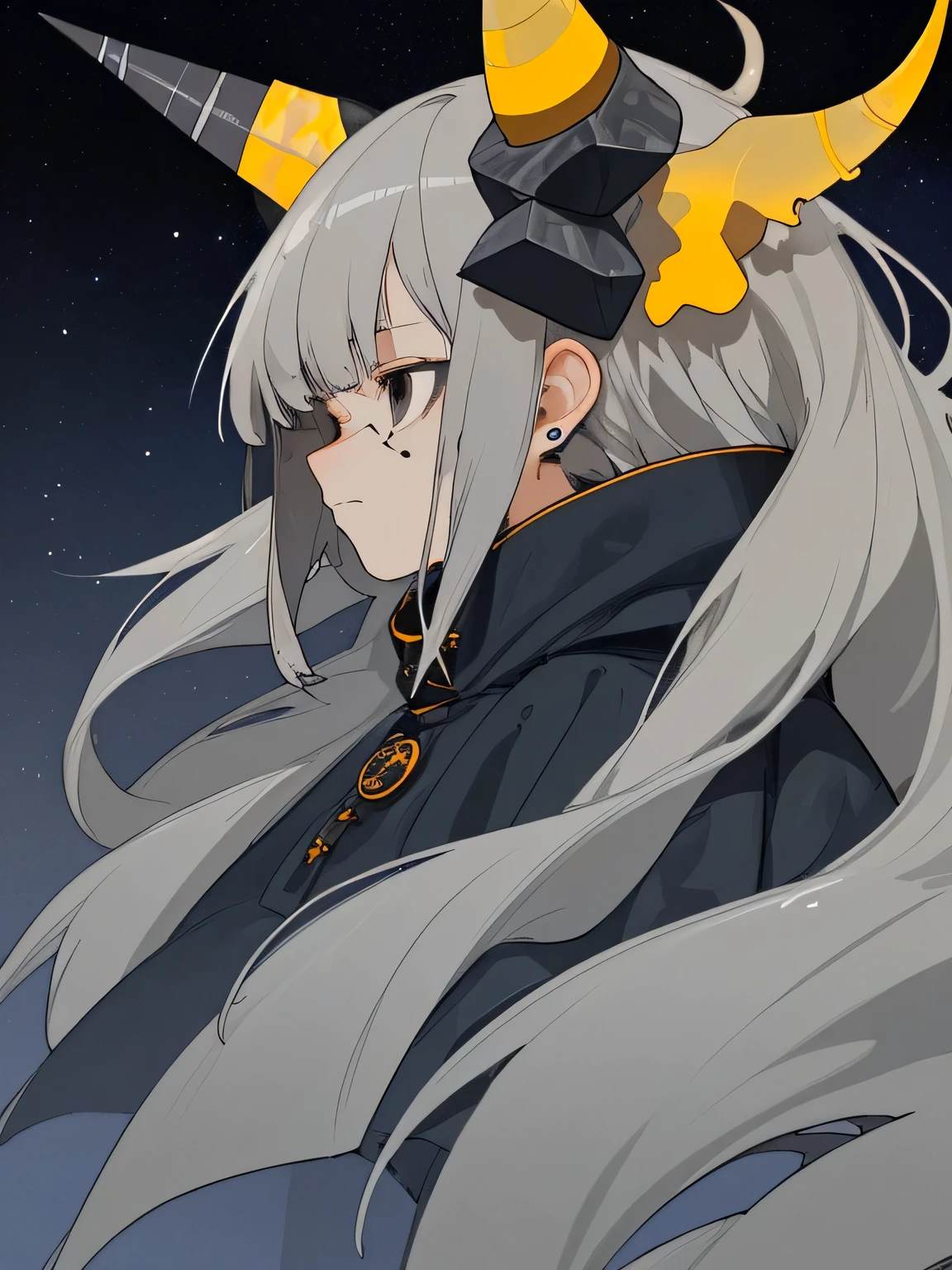 Beasts too,Light grey hair,profile,Head portrait,Dark blue-grey fur,Deep blue-black eyes with a melancholy expression,Grey Designer Sweatshirt,Dark starry background,Big head,stand alone,Shota,The bangs are dyed dark black-gray,Black Ear,yellow horn,There is a bandage on the face