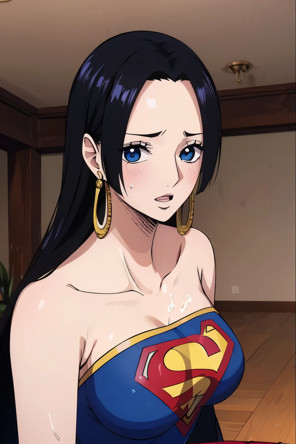 (((obra maestra))), (((Mejor calidad))), ((ultra detallado)), (highly detailed CG illustration), boa hancock, , (obra maestra:1.5), Foto detallada, she wears a Superman dress,ajustado,sonriente,cuerpo entero, sexy, (Mejor calidad: 1.4), (1 chica), Hermoso Face, (pelaje negro, ancho: 1.3), Hermoso Hairstyle, she wears Superman dress, Hermosos detalles ojos, (Piel realista), Piel hermosa, absurdo, atractivo, Ultra high resolution, High Definition, (excitado sexualmente:1.5), piel blanca rosada, cool white light, pose sexy, Hermoso , Fondo blanco, luz blanca suave rosa,lleva un traje de superman, (Bukkake:1.8), {inside the room|exteriores|fondo simple},(Sin correa para el hombro:1.3),(ebrio:1.7)) (por el WAVY:0.8), pelaje negro,(blue eyes),pechos grandes,sonrisa, (Estar rojo en la cara:1.4),mira a la camara, lleva un traje de superman