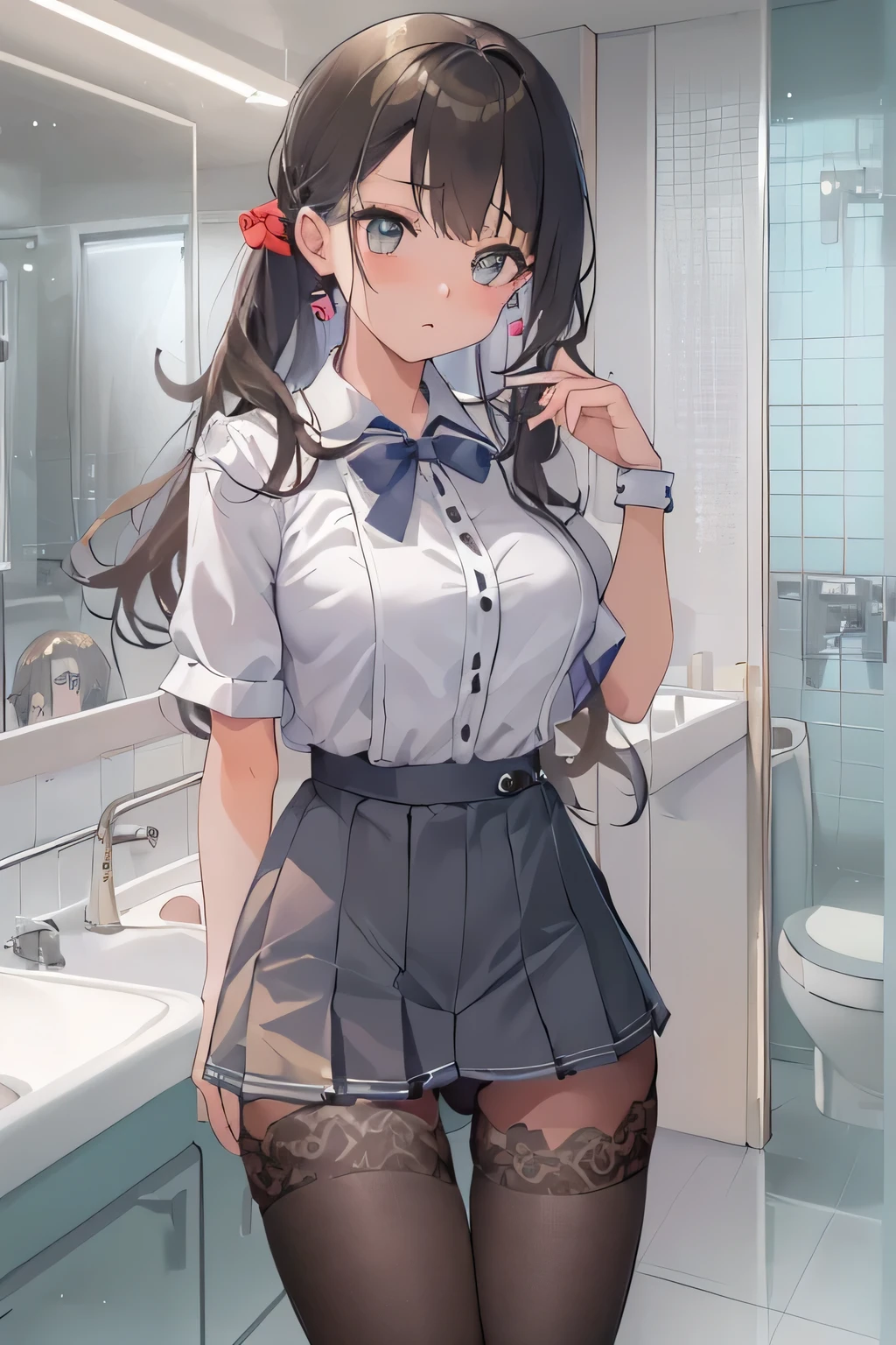 (highest quality:1.4)、High resolution、Detailed Background、(Detailed beautiful face:1.4)、Anatomically correct、(Depict the normal number of fingers:1.2)、(Detailed facial expressions)、Realistic、Beautiful fingers、Beautiful, smooth skin、age beauty、(Huge breasts:1.3)、Perfect body line、Attractive thighs、brown hair、Black Hair、cute hair color、ponytail、Long Hair、Show off your attractive armpits、I'm a little excited、Cowboy Shot、
A short white sailor shirt made of sheer material、White sailor collar、Pleated mini skirt、
White knee-high socks、White knee socks、Sexy panties、String Panties、No bra、No sleeve、Accentuate your breasts、(Underboob:1.3)、With legs apart、Panty Shot、cute、
(From below looking up at a beautiful girl squatting on the toilet:1.5)、
Squat down、Crouched down close-up angle、In the toilet、
(close-up underwear From below), From below, Are standing, Ass Focus、looking at me with cold eyes、sexual expression、Underbust、Panty shot、Panty shot、
Attractive big buttocks、Camel Toe、cute、cameltoe
