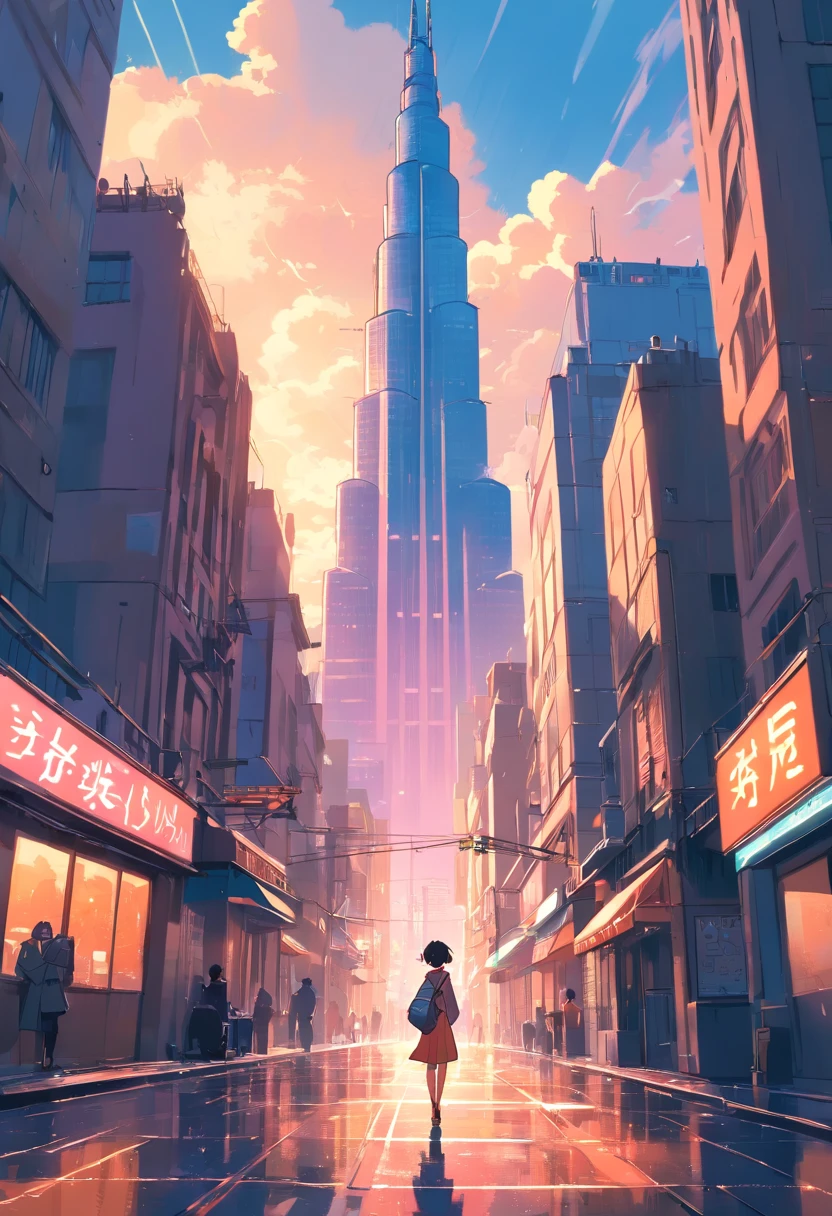 un primer plano de una ciudad con un gran edificio y ((( la verdadera torre Effeil al fondo en el centro))), inspirado en Liam Wong, estilo de arte ciberpunk, arte lofi, al estilo de Laurie Greasley, fondo neo tokio, inspired por Kilian Eng, por Kilian Eng, art deco surpasses aesthetic anime, cyberpunk illustration, cyberpunk themed art, solo una broma,  Art by Alena Aenami