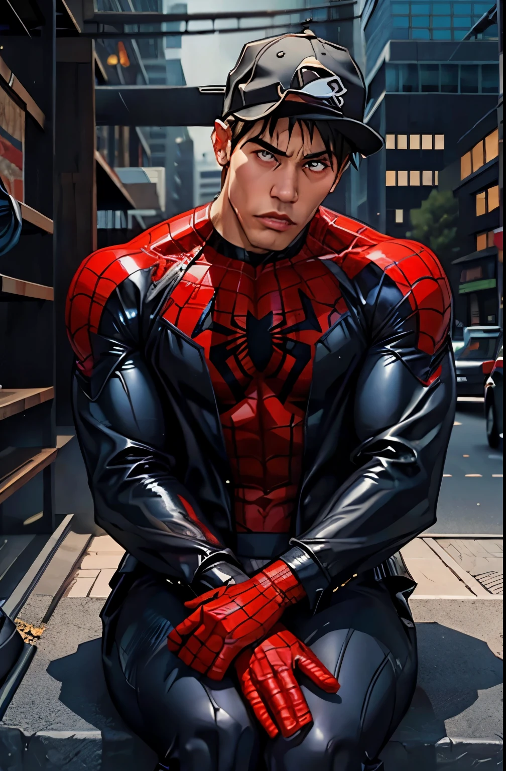 Myles Morales dressed as black spiderman rap style sitting with a gloomy expression