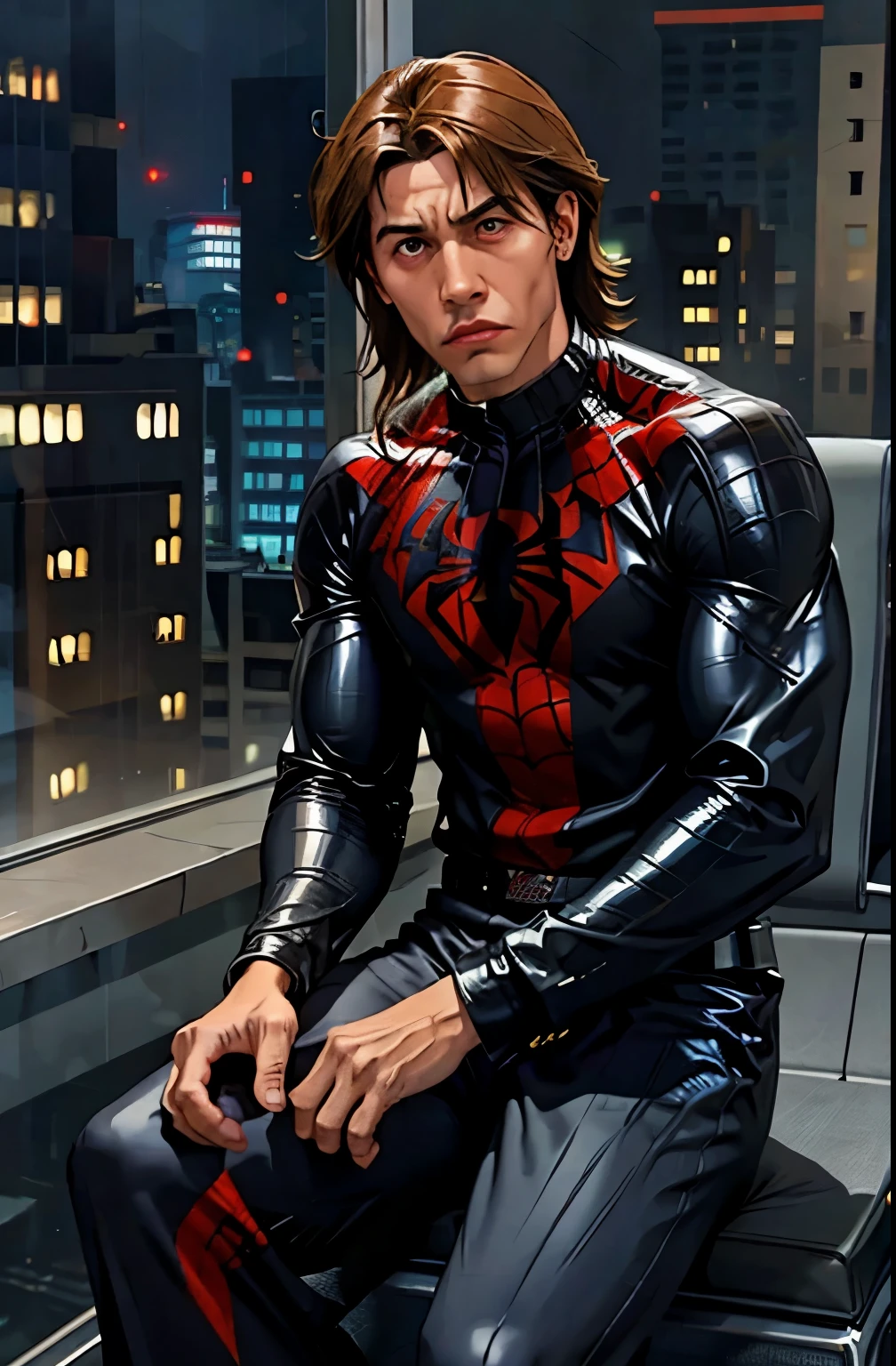 Myles Morales dressed as black spiderman rap style sitting with a gloomy expression 