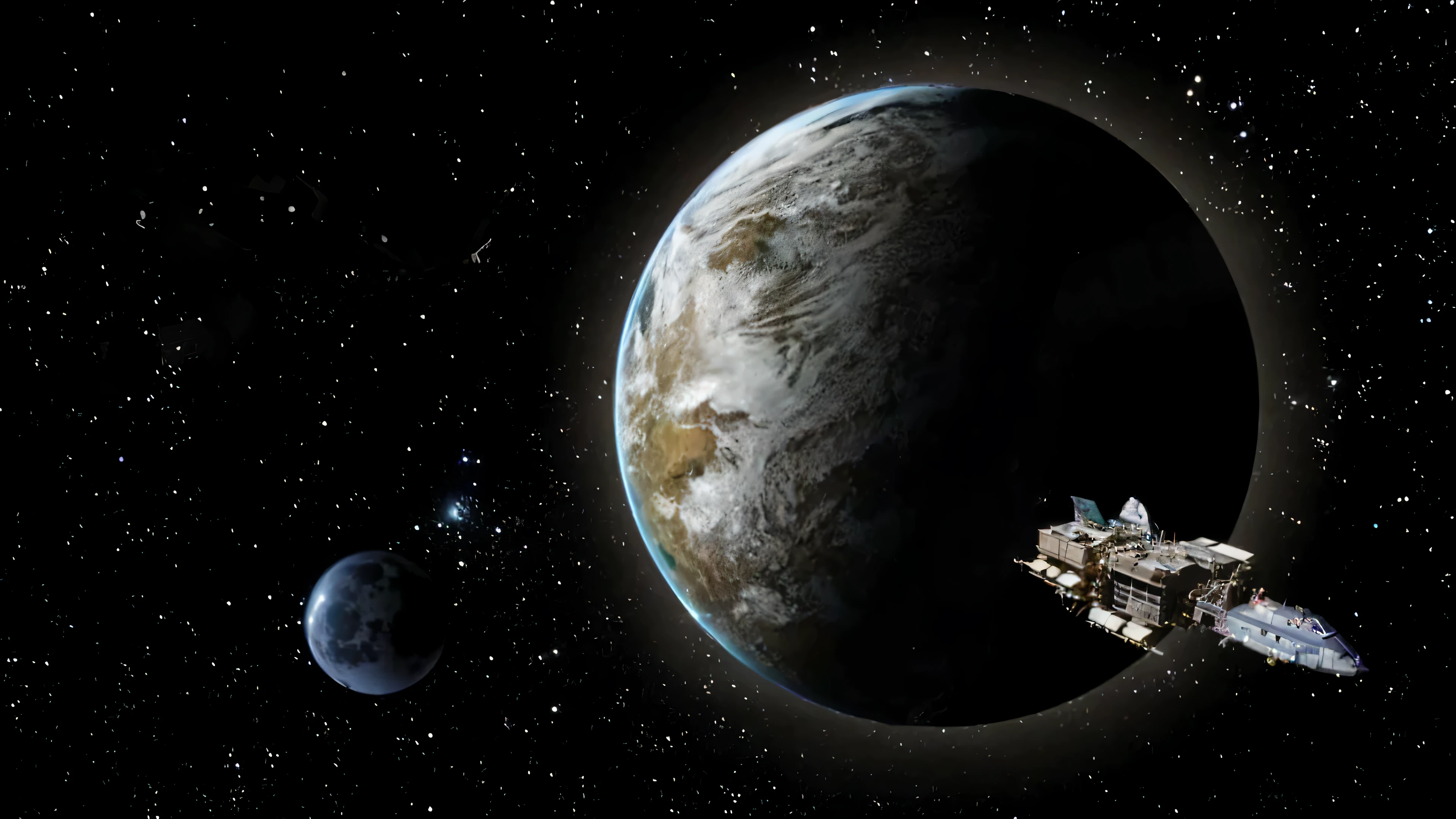 Space station close-up，The moon is in the background, space engine, Realistic space, Close to Earth, Dyson sphere in the middle of space, Movie space scenery, interstellar space setting, Space science fiction, Planets in the middle of space, Earth in the middle of space, There is a large planet in the middle of the background, Space station distant planet, in movies《2001：space odyssey》middle