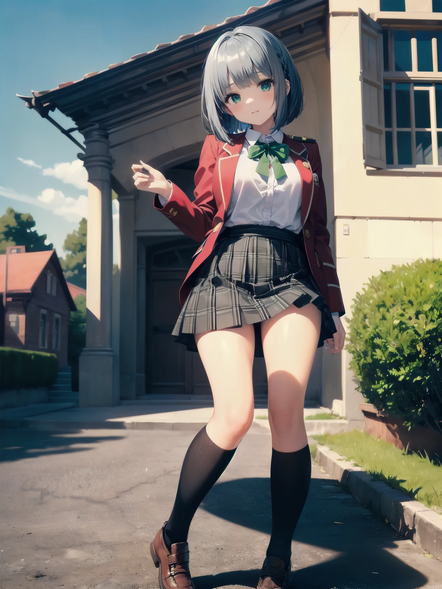 Top-High quality、Highest quality、masterpiece、High Contrast、Colorful、Elegance、Sexy expression、high school girl、Beauty、Bob cut braids、uniform、(red blazer)、Ribbon tie、(Green and gray plaid skirt)、(black tightovie-like shadows、fine shading、cute、Truly unbelievably cute absurd、outside、School trip、national treasures、Traditional buildings、blue sky