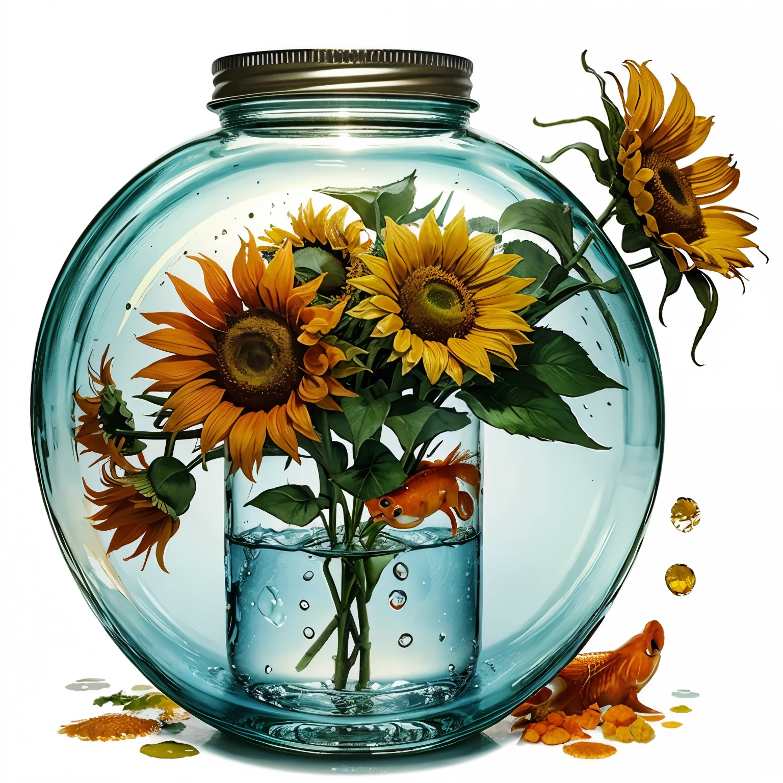 Goldfish and sunflowers in a jar filled with water In the style of painting with watercolors