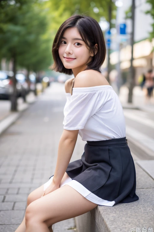 muste piece, Top quality, 8K, 15 years old, japanese girl, slender, Raw photo, absurd, award-winning portraits, (detailed face, shy smile), solo, Transparent white T-shirt made of very thin material、 sailor uniform, short sleeve, idol face, super mini skirt, Black Knee High Socks, slim legs, shoes, whole body shot from the bottom of the stairs, whole body shot from a Low - Angle, detailed face), refreshing shy smile, slender girl, Golden short-cut hair, dark eyes, whole body, digital single lens reflex, look at the viewer, Frank, sophisticated, like々New, perfect whole body balance, (Low - Angle), professional lighting, (Eye and face details: 1.0), (It's blurry: 1.1)