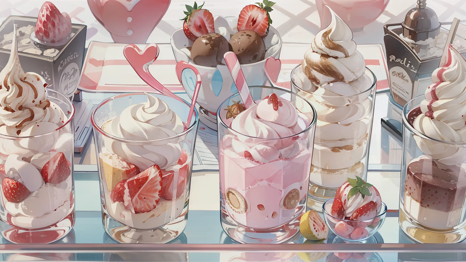 Q version、Manga style、ice cream、strawberry、cream、cherry、Glass、View from above