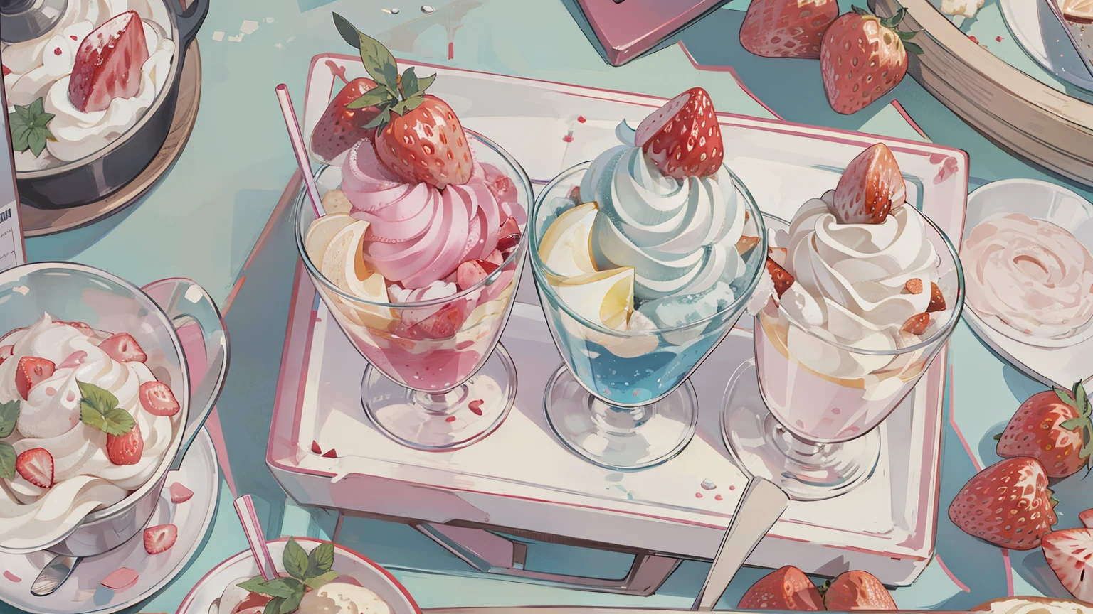 Q version、Manga style、ice cream、strawberry、cream、cherry、Glass、View from above