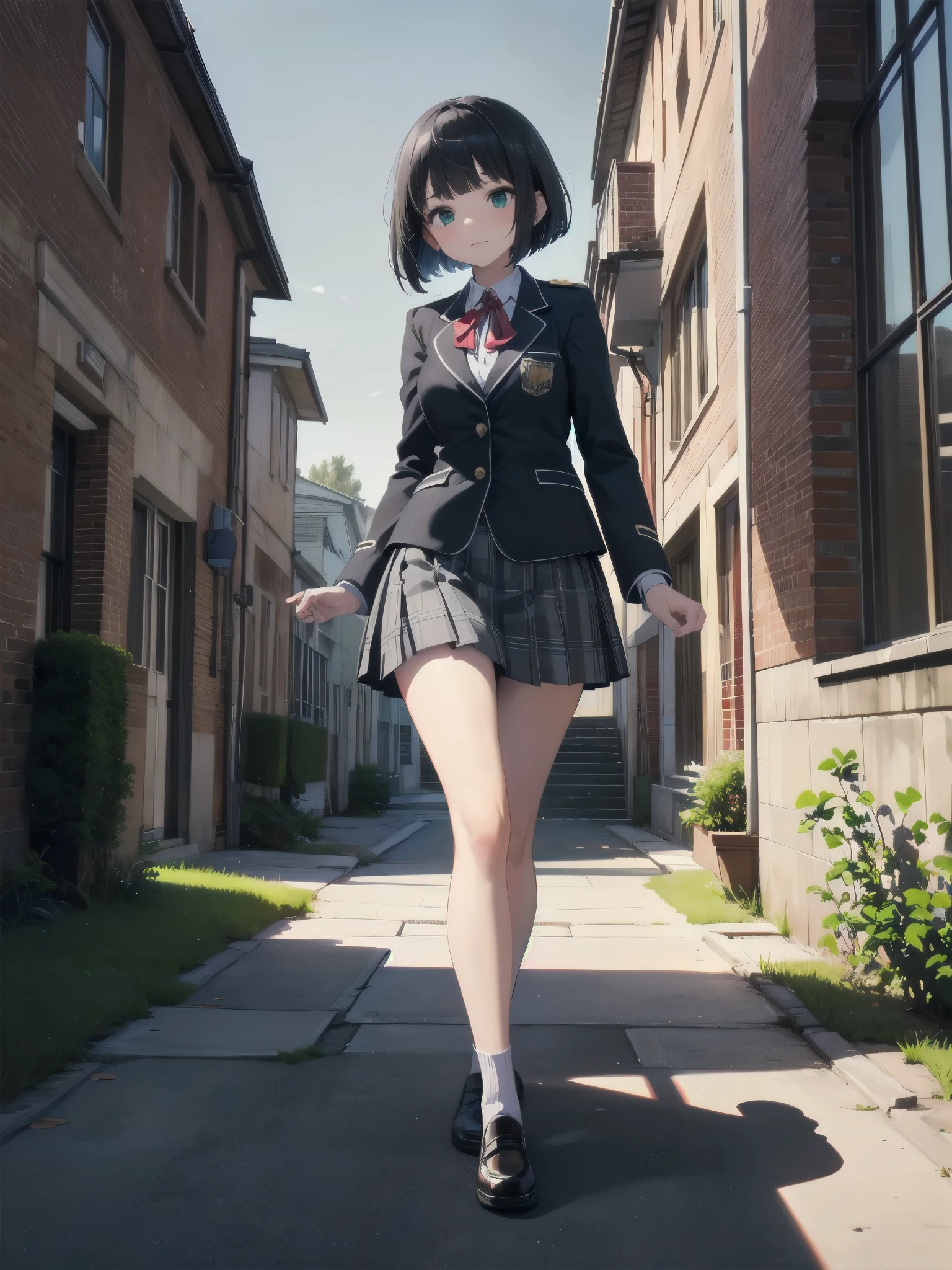 Top-High quality、Highest quality、masterpiece、High Contrast、Colorful、Elegance、Sexy expression、high school girl、Beauty、Bob cut braids、uniform、(red blazer)、Ribbon tie、(Green and gray plaid skirt)、(black tightovie-like shadows、fine shading、cute、Truly unbelievably cute absurd、outside、School trip、national treasures、Traditional buildings、blue sky
