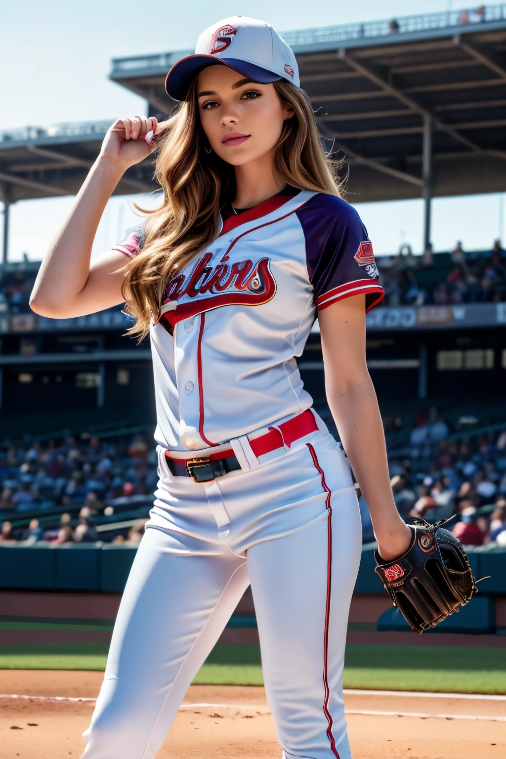 a gorgeous Danielle Panabaker, age 25, wavy hair in the wind. she's a men magazine model, She has a subtle smile and flirts with the camera, (she wears a baseball uniform with full length pants and baseball cap:1.2), (she is a pitcher standing on the pitchers mound:1.3), background baseball stadium, large crowd, sundown lighting, perfect eyes, perfect hands, perfect body, perfect hair, perfect breasts, large breasts, hair behind ear, UHD, retina, masterpiece, accurate, anatomically correct, textured skin, super detail, high details, high quality, award winning, best quality, highres, 16k, 8k, (full bodyshot:1.1), (full length photo:1.15),