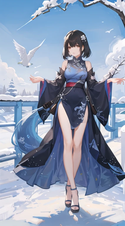 girl,whole body,(Delicate face:1.2), masterpiece, Fashion,cheongsam,, Medium Length Hair, Black Hair, Double tail, Bangs, Brown eyes,