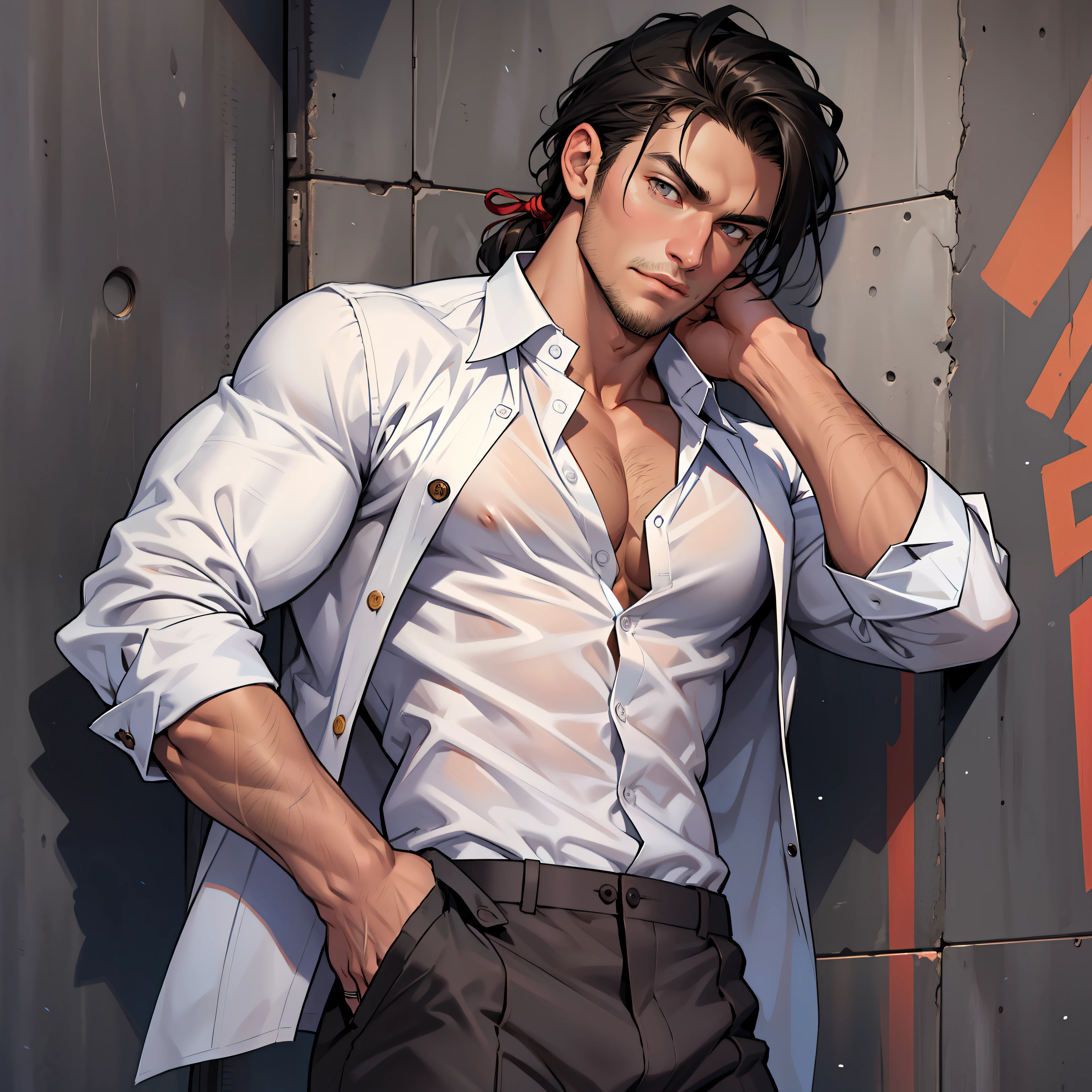 Handsome male, He has black hair, almost always unkempt but it has a certain look to it. He is tall, with broad shoulders, muscular. His face is very masculine but he has really kind eyes. Brown hazel eyes. Big bulge. Hair tied back. Trouser pants. White button up shirt. Plants