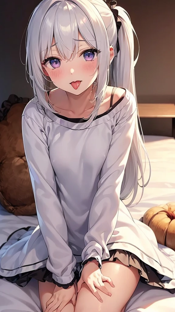Character Details:, - Gender: 1 Girl.
- Style: Anime, - Body Type: Attractive body, slim body, nice legs, slim tights, nice arms, nice shoulders. - : (Small Breast (Cleavage), (
- Facial Fe Beautiful, Gorgeous, Teenager, Fresh, Young.
- on: Shy, Smile, Horny, Pink Blush on Face, Sexy Eyexy Look, (Sweating:1.4), Icent Look, sy. - Hairstyle: Blunt Bangs, Long Hair. - Hair Color: (White Hair:1.5).
- Clothing: (Light Brown Neckless Sweater:1.6). - Body Pose: (Sitting:1.1). - Behaviour: Waiting, Want Something, Secretly.
- Accessories: Earrings., Environmental Details:, - Setting: Bed Room., - Lighting: Natural Light., - Decoration: Modern Bed, Chair, Window, White Curtain, City View. Top view. pov, anime style, UHD, retina, masterpiece, accurate, anatomically correct, texture