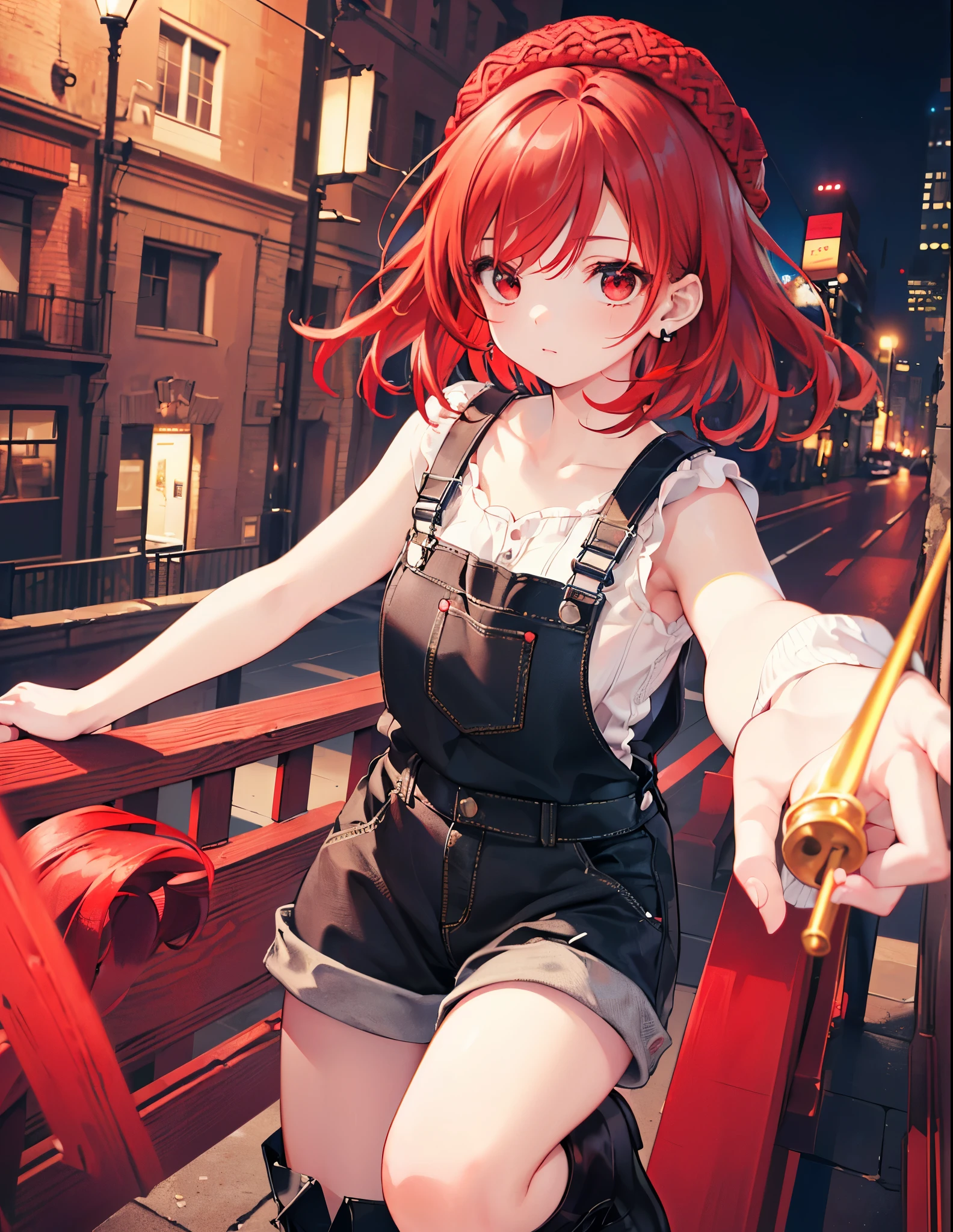 Realistic,highest quality, Ultra Detail, High-quality CG rendering, The most delicate and beautiful, Floating softly, High resolution, (1 girl), (Highest quality,4K,8K,masterpiece:1.2),(All red hair:1.5), (Medium Hair:1.5),(Red eyes:1.5), Black overalls、Black boots、Black knitted hat、pierced left ear、whole body,In the city,