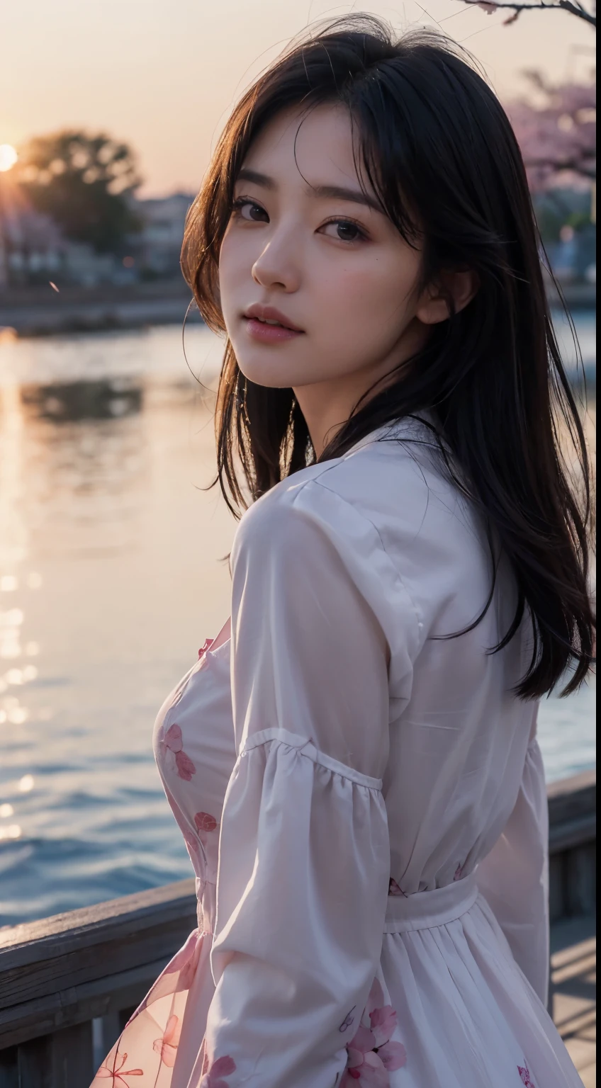 (8k, RAW photos, top quality, masterpieces: 1.2), (realistic, photorealistic: 1.37), super detailed, 1 girl, cute, solo, beautiful details sky, more cafe, night, sitting, dating, (blush), (smile: 1.1), (closed mouth), medium breasts, beautiful detail eyes, (collared shirt: 1.1), bow tie, pleated skirt, (short hair: 1.2) , floating hair