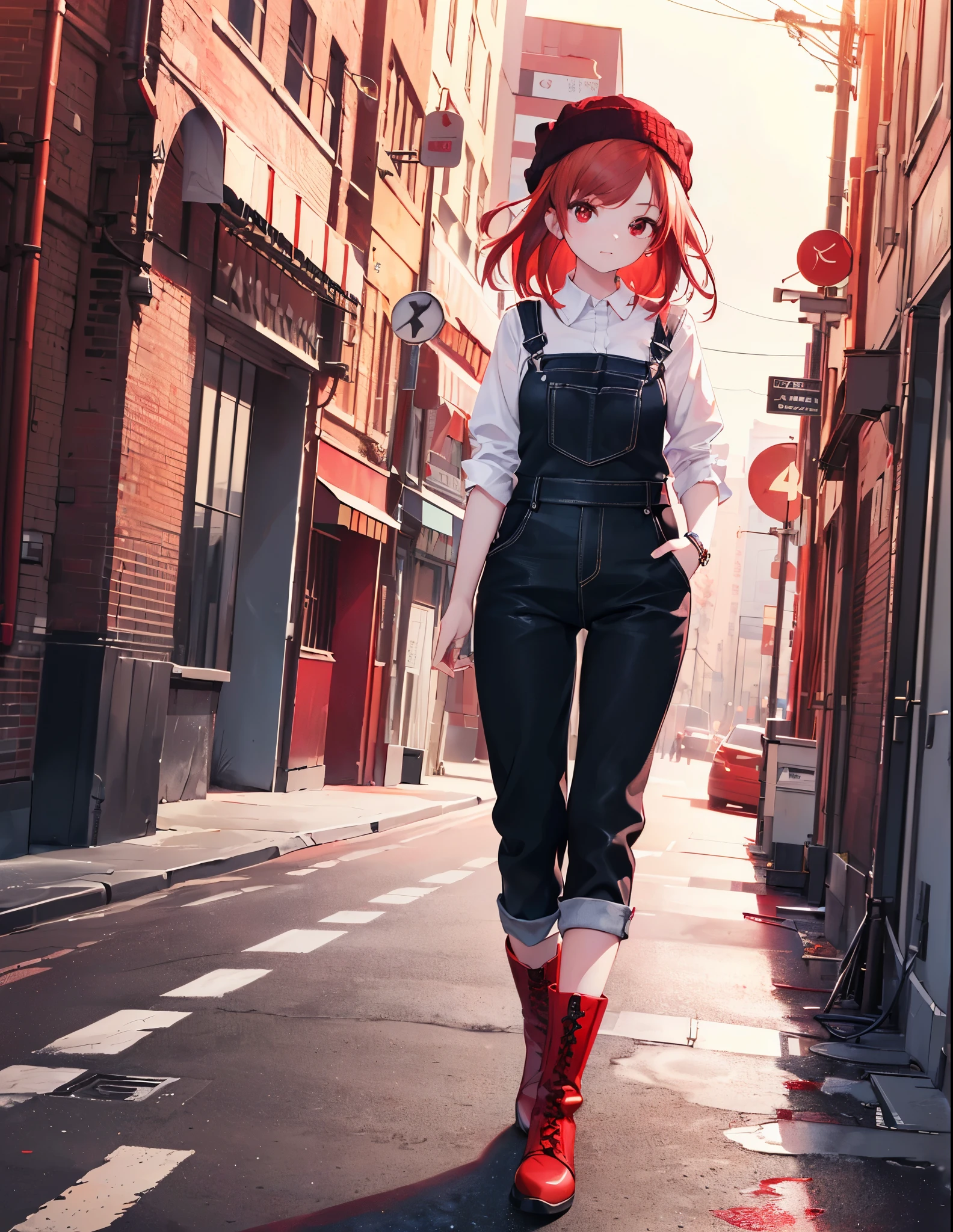 Realistic,highest quality, Ultra Detail, High-quality CG rendering, The most delicate and beautiful, Floating softly, High resolution, (1 girl), (Highest quality,4K,8K,masterpiece:1.2),(All red hair:1.5), (Medium Hair:1.5),(Red eyes:1.5), Black overalls、Black boots、Black knitted hat、pierced left ear、whole body,In the city,