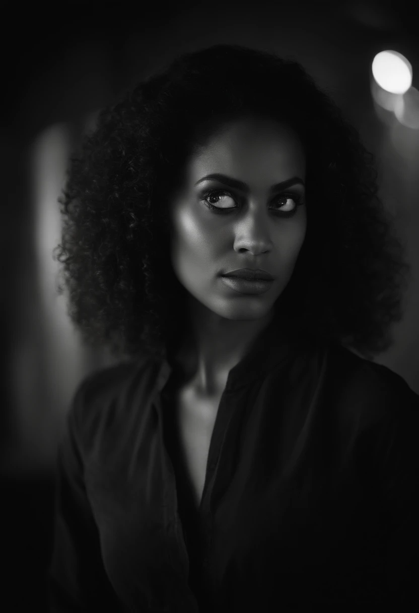 Chica de pelo negro y con ojos color plomo con una exprecion de odio y tristeza, fondo de fuego