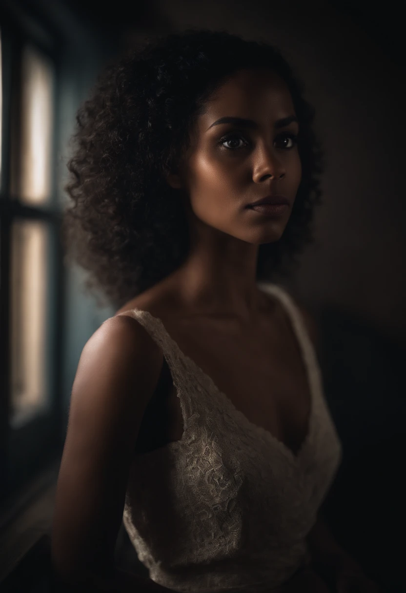 Chica de pelo negro y con ojos color plomo con una exprecion de odio y tristeza, fondo de fuego