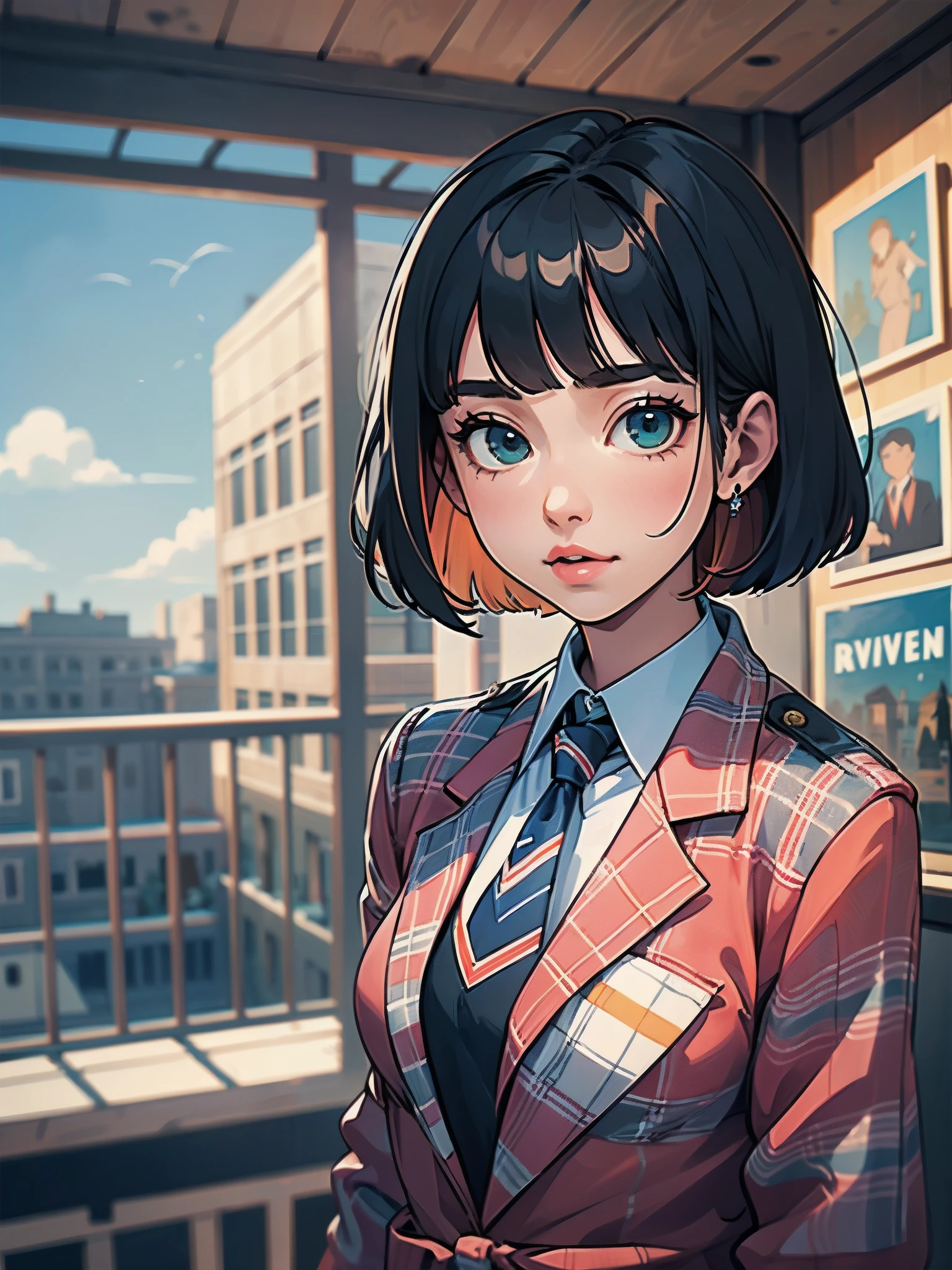 Top-High quality、Highest quality、masterpiece、High Contrast、Colorful、Elegance、Sexy expression、high school girl、Beauty、Bob cut braids、uniform、(red blazer)、Ribbon tie、(Green and gray plaid skirt)、(black tightovie-like shadows、fine shading、cute、Truly unbelievably cute absurd、outside、School trip、national treasures、Traditional buildings、blue sky