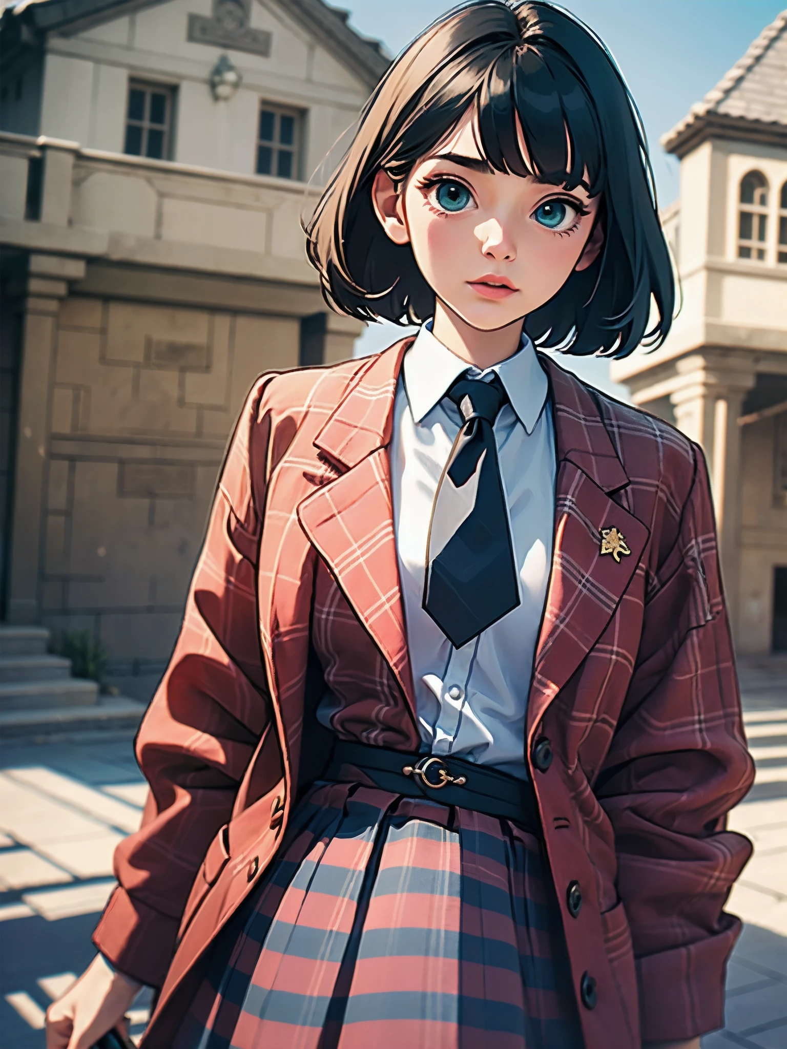 Top-High quality、Highest quality、masterpiece、High Contrast、Colorful、Elegance、Sexy expression、high school girl、Beauty、Bob cut braids、uniform、(red blazer)、Ribbon tie、(Green and gray plaid skirt)、(black tightovie-like shadows、fine shading、cute、Truly unbelievably cute absurd、outside、School trip、national treasures、Traditional buildings、blue sky