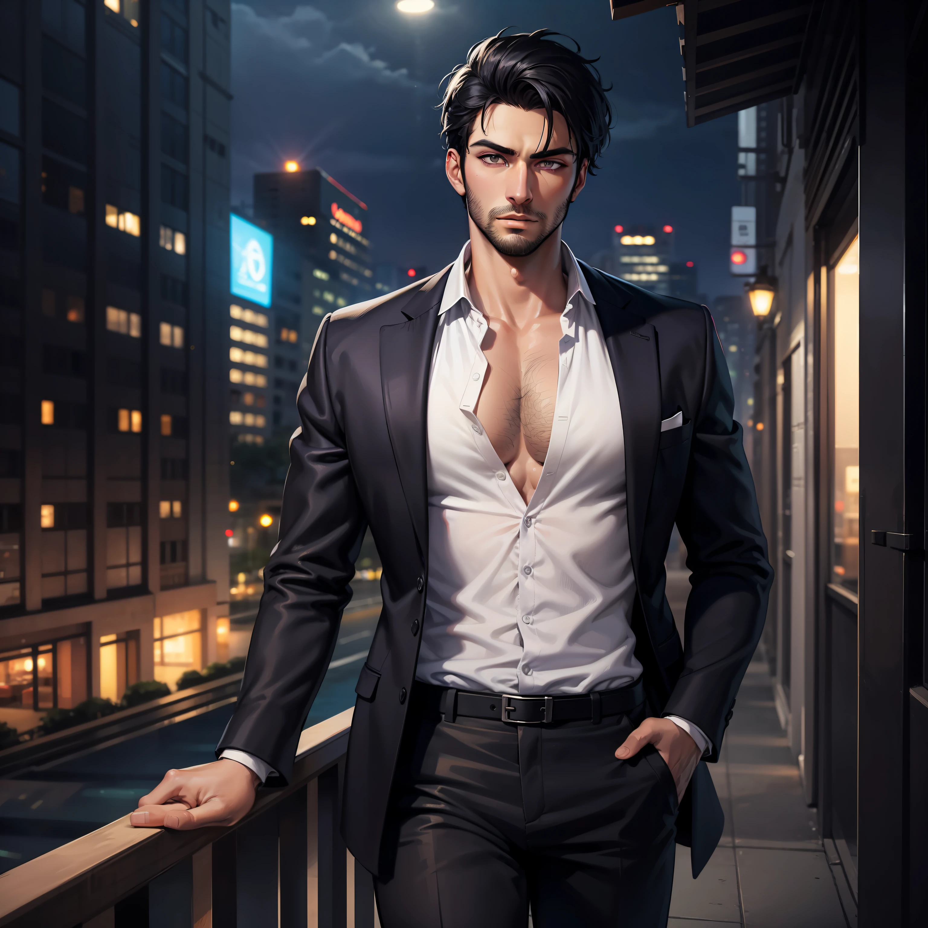 Arafed man in a suit standing on a balcony at night - SeaArt AI