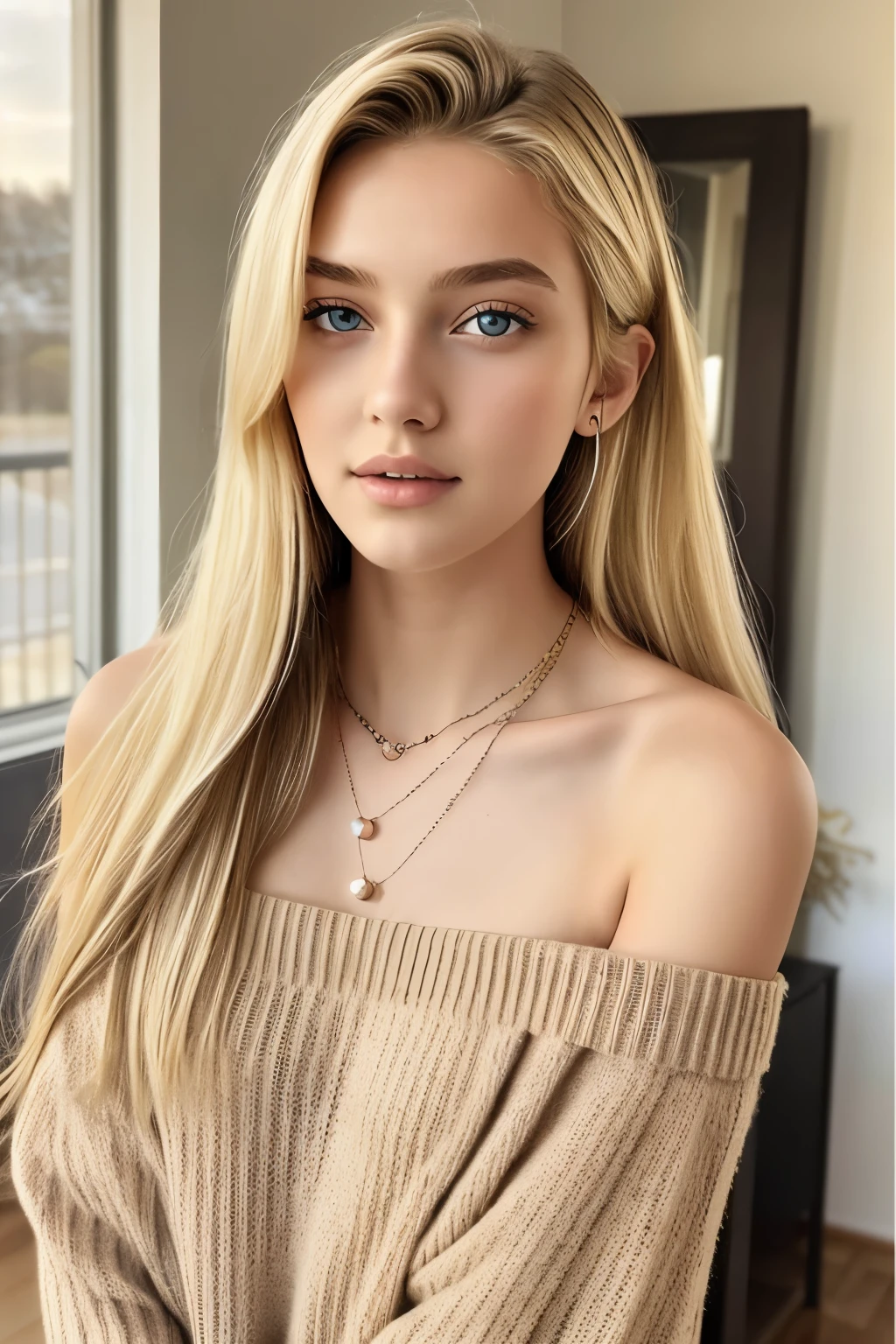 One Girl, 19 years old, alone, Long Hair, huge , View your viewers, Blonde, Exposing shoulders, Brown eyes, gem, whole body, necklace, Off the shoulder, sweater, Realistic, Sexy