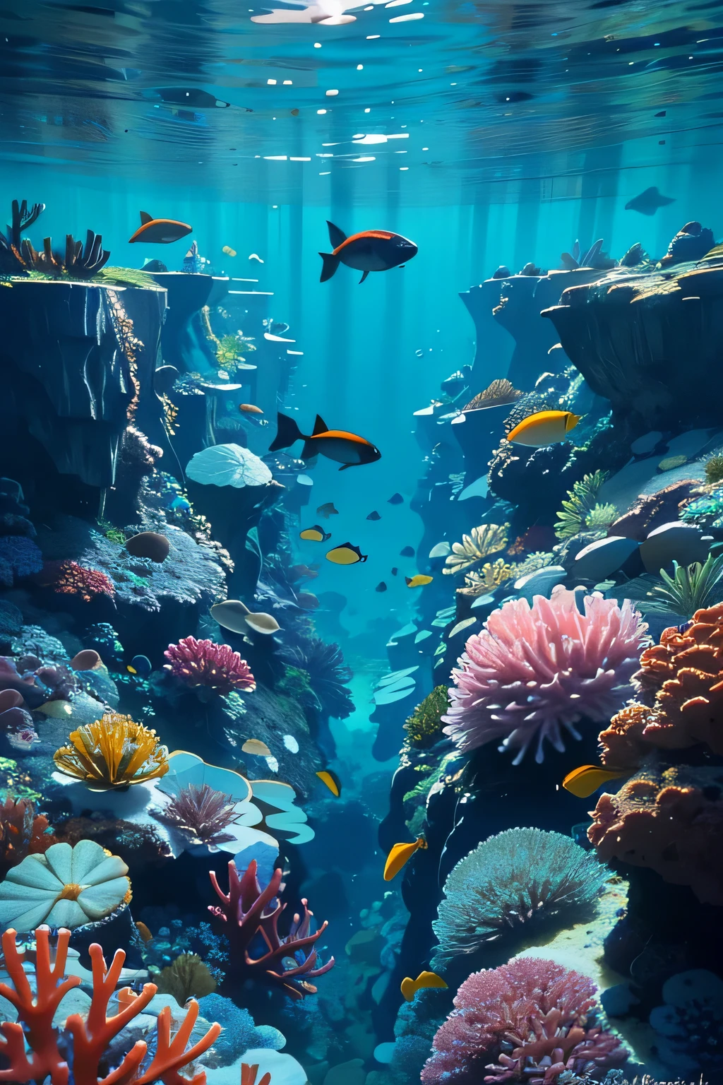 Overlooking，Coral reef ecology on the seabed，Bright and coral colors are mainly macaron colors，The environment shots that present a lively but not noisy environment are more inclined to overhead shots.，You can see that the middle is the channel where you can go down, and the creatures are mainly small fish.