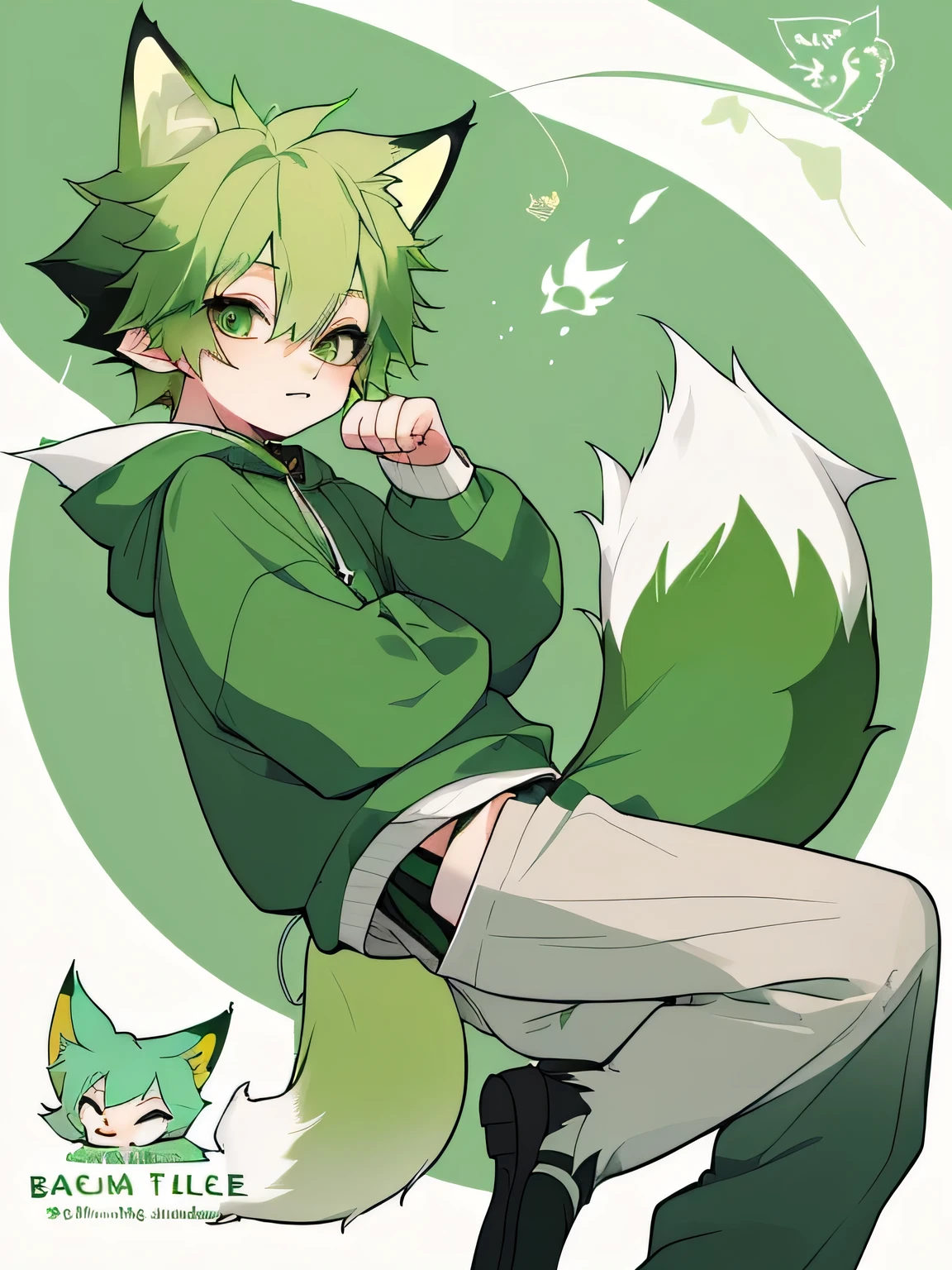 light green hair,Wearing a sweatshirt,,boy student,Fox,Big tail,Subfox((alone)), Charming scene (Furry Furry) (Little Fox_boy:1.5),pale blue-green eyes,Cute design,juvenile,