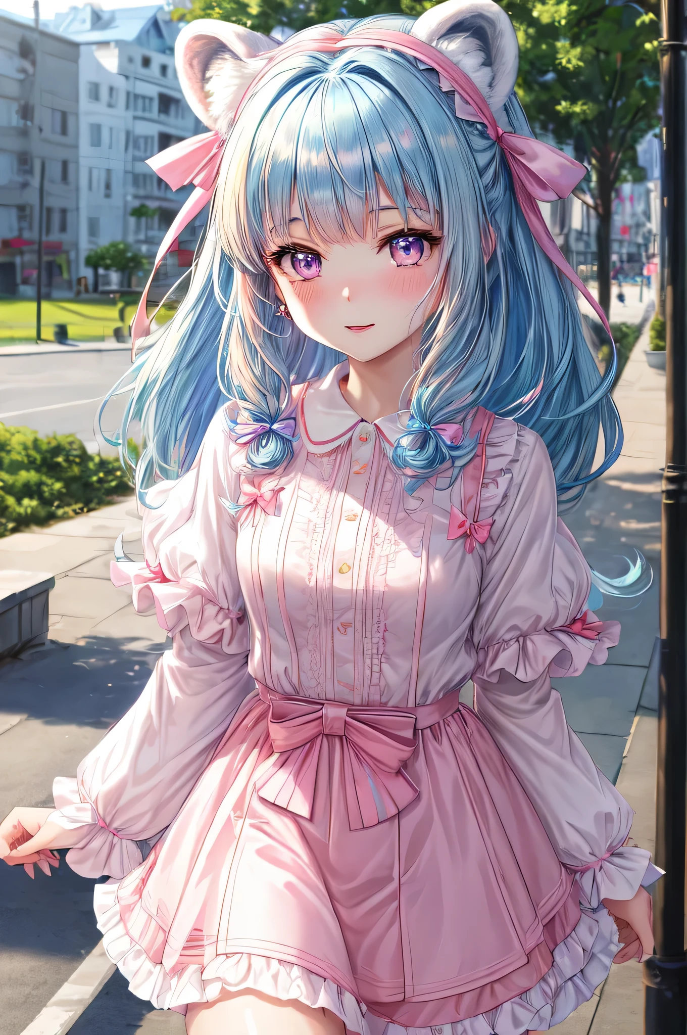 masterpiece, highest quality, Super detailed, High resolution, Highly detailed CG, Face Focus, One Girl, Early teens, ((Pale blue hair and pink eyes)), Fluffy animal ears, Wear a short-sleeved T-shirt, Check skirt, bangs, Shilong Hair, bow, Hair bow, Pale blue ribbon, Laughter, Polar Bear Ears, Bobcut, Portraiture, Background city