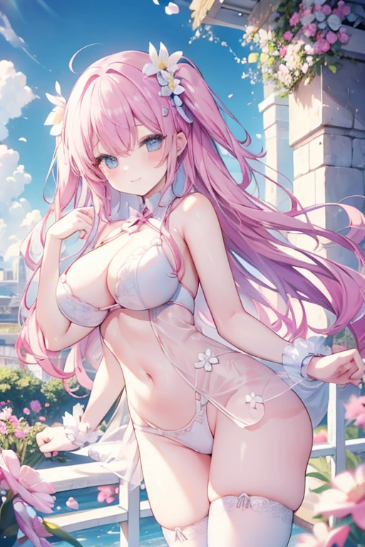 young girl, , yegraceful 、Pink hair、PastelColors、Cute,stockings, naked,panty, flower garden, noon, blue sky, beautiful,smile , long hair ,big breasts
