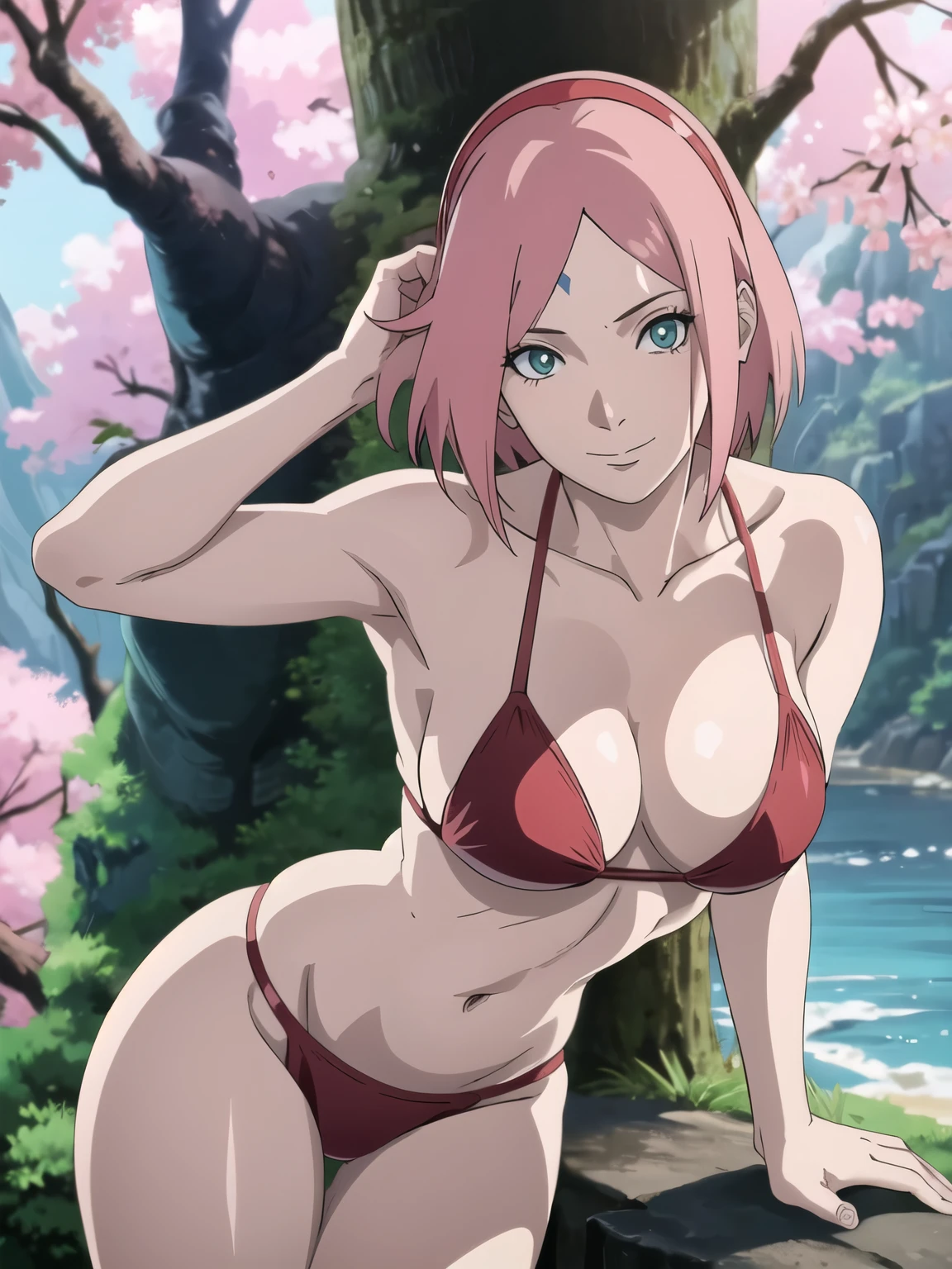 anime style, solo, 1 woman, from right, close view, (hand leaning, laying on tree, brushing hair), super ultra details, bold drawing lines, very high resolution, perfect anatomy, ultra detailed face, high vibrance, (blue light), ((cold colors)), 1girl, haruno sakura, (slim body, pale skin, thin belly , off-shoulders, biceps, toned arms, leaning forward, very pale skin, forehead mark, leg strap, hand leaning), ((red string bikini, red hair band)), looking at viewer, (cherry blossom), floating hair, big smile, cowboy shot, (reddish hair, detailed hair, missy hair, short hair, scattered hair), spring time, attractive colors
