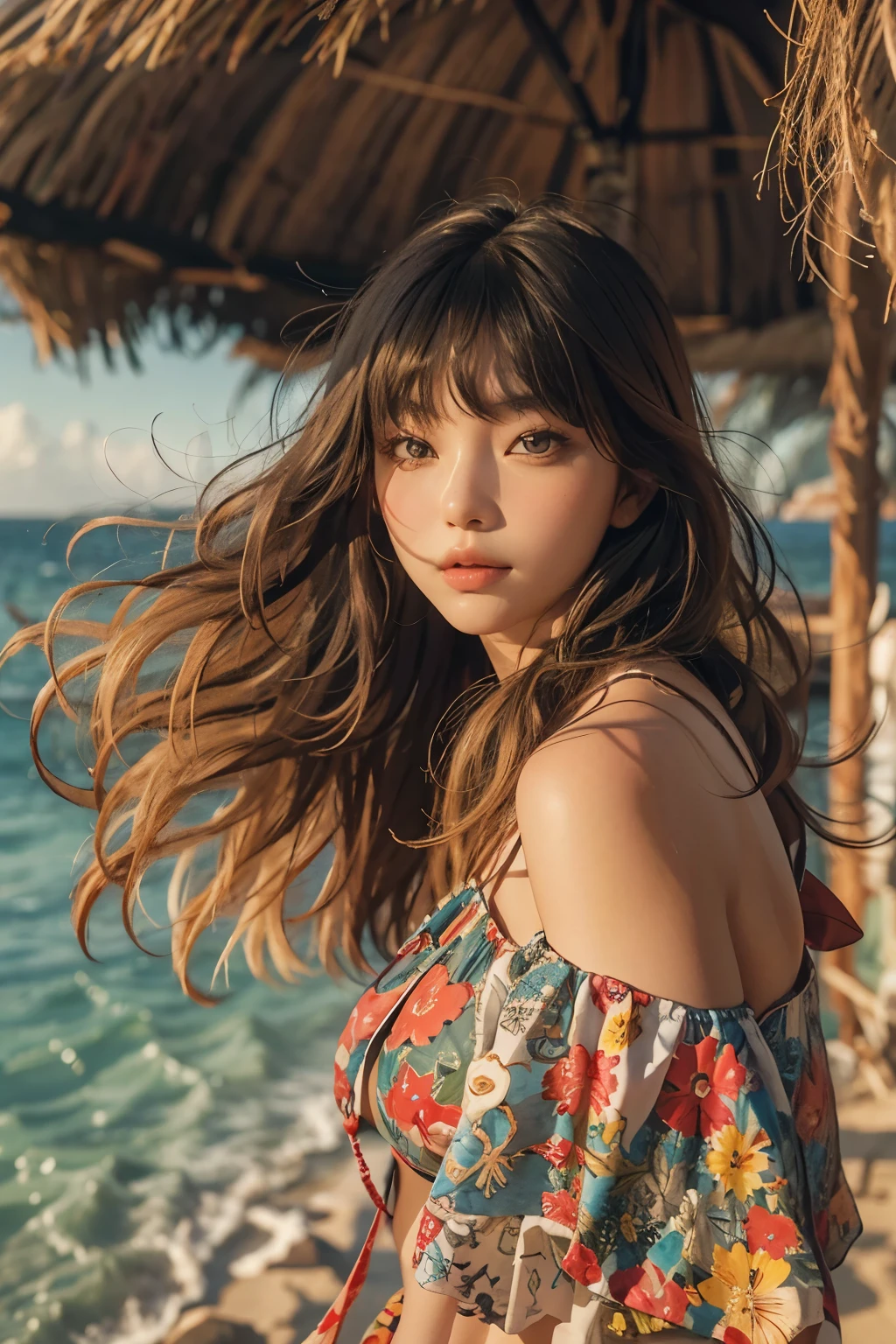 Araped woman wearing multi-colored dress with short hair, curtain bangs, No makeup, wavy hair, Madison Beer, without makeup, 중앙에서 분리된 curtain bangs, Profile picture, Use Instagram Filters, Subtle soft and dim light, Pose looking back at the beach, sandy beach, tide, perfect face, julia sardinian, perfect hands, Random Actions, coastline, clear sky,