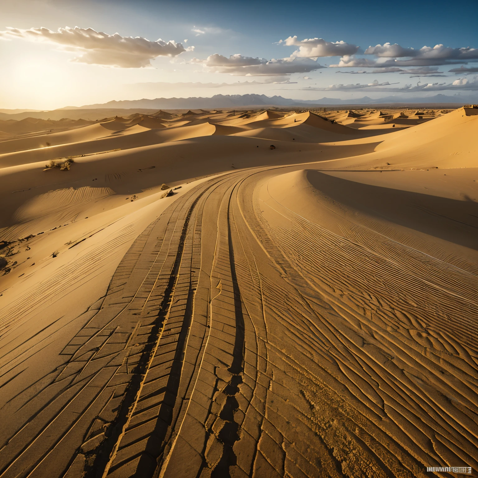 Ancient road west wind thin horse，Yellow sand is all over the sky。Symmetrical balance，Wide-angle lens，tune，，tough，Vast desert，distant mountains，Highlight the texture of yellow sand，Rough，desolate，Dust flying，exhausted，Perseverance。