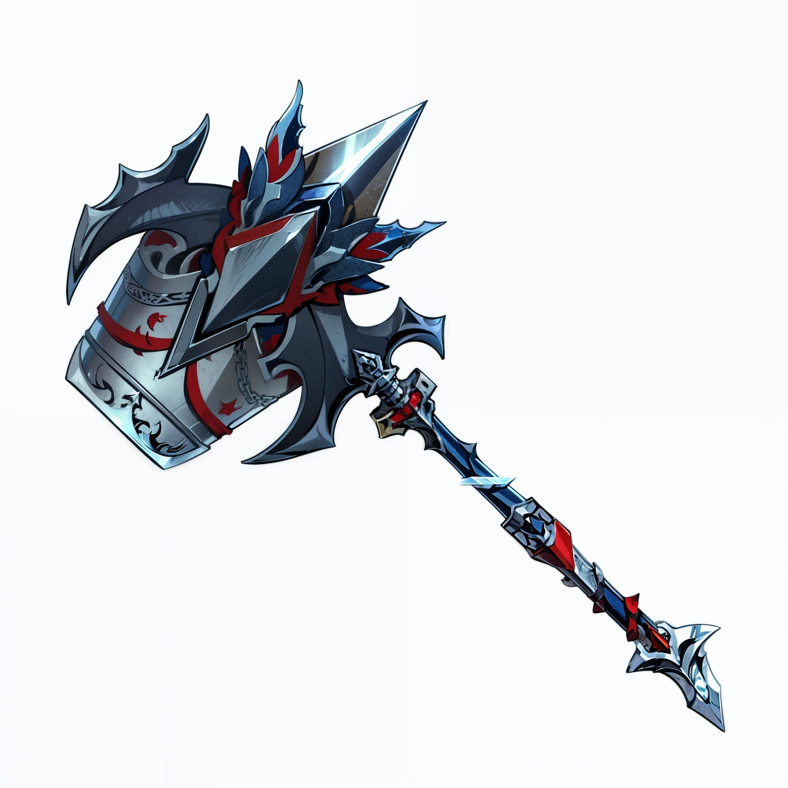 a close up of a sword with a red and blue design on it, 战刀arms, sword design, 魔兽世界 暴雪 arms 艺术, fantasy sword, beautiful sword, Fantasy Blade, huge sword, large sword, fantasy sword of warrior, shinning sword, The style of the Ghost Slayer Blade, 幻想arms, Intricate Fantasy Spear, sci-fi sword, sword, big sword,Outstanding quality,Clear structure,arms,White background