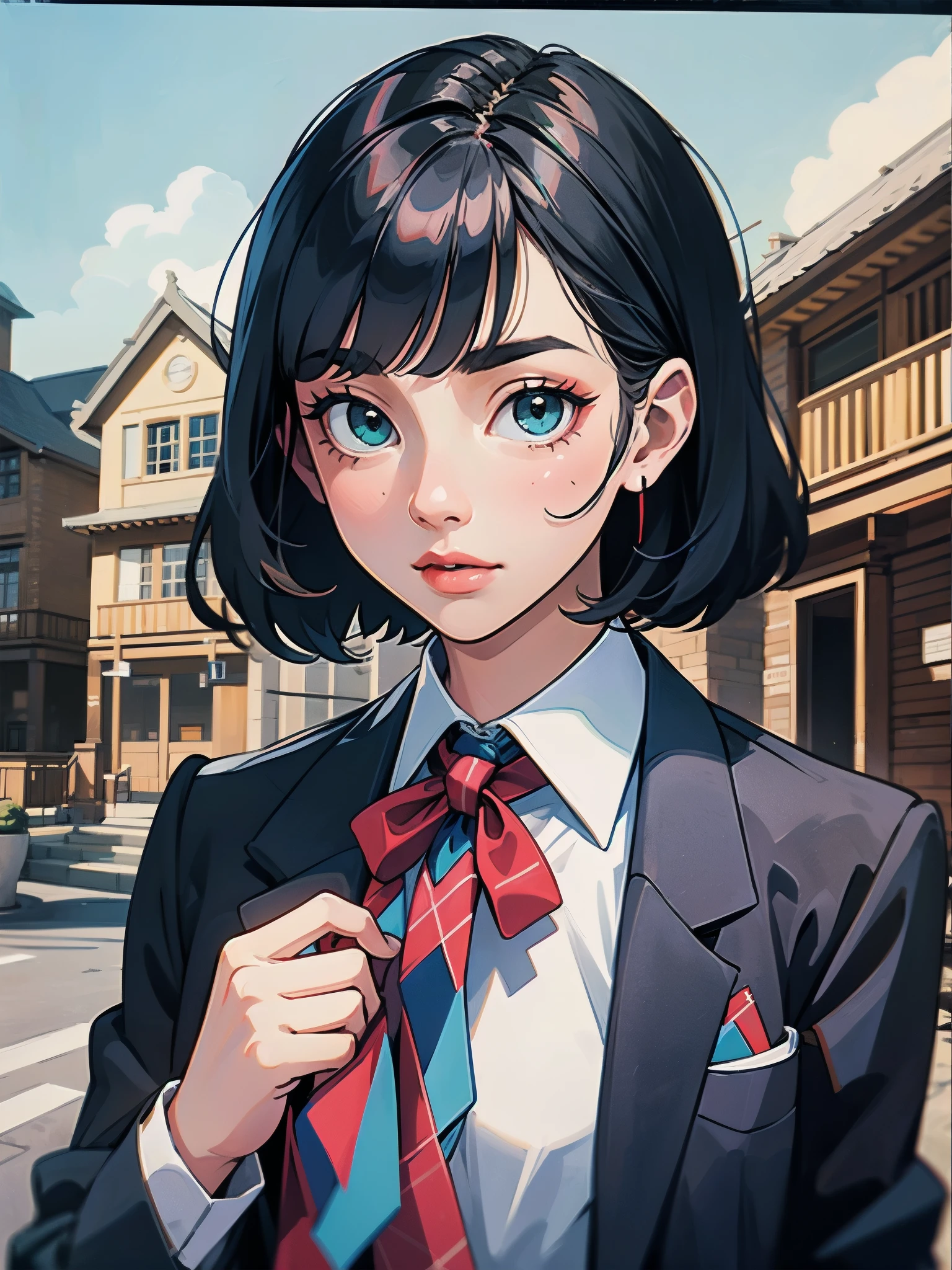 Top-High quality、Highest quality、masterpiece、High Contrast、Colorful、Elegance、Sexy expression、high school girl、Beauty、Bob cut braids、uniform、(red blazer)、Ribbon tie、(Green and gray plaid skirt)、(black tightovie-like shadows、fine shading、cute、Truly unbelievably cute absurd、outside、School trip、national treasures、Traditional buildings、blue sky