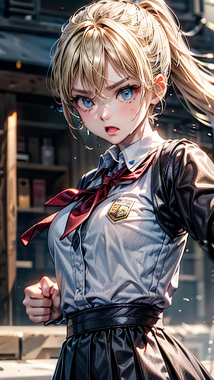 #quality(8k wallpaper of extremely detailed CG unit, ​masterpiece, hight resolution, top-quality, top-quality real texture skin,hyper realisitic, digitial painting,increase the resolution,RAW photosbest qualtiy,highly detailed,the wallpaper),solo,a jk girl is punching you by bare fist very hard,#1girl(cute, kawaii,hair floating,messy hair,blonde hair,long hair,messy hair,pony tail hair,skin color white,eye color blue,eyes shining,big eyes,breast,angry,punching you by her fist,dynamic pose,dynamic angle,sweat,school uniform), BREAK ,#fist(motion blur:2.0),#background(school,),(when drawing the hand please draw them very correctly for sure),[nsfw]each hand five fingers