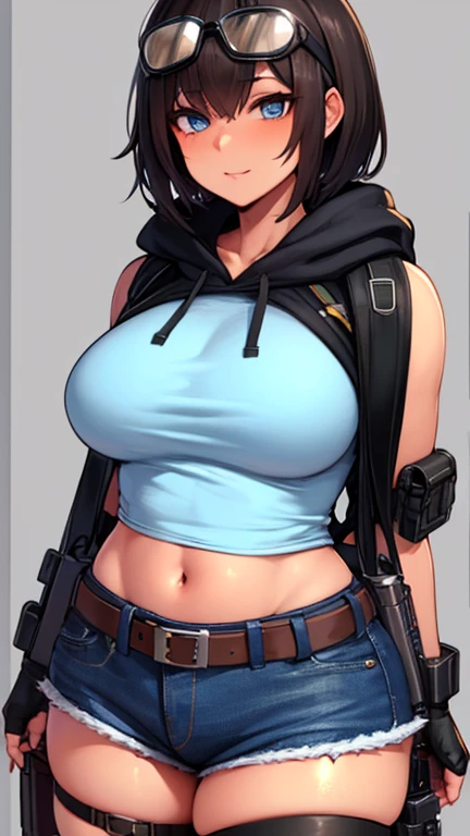 solo thick figure thick thighs ultra breast size ultra hip size blue eyes tan skin girl short dark brown messy hair wear fingerless gloves wear short crop top hoodie wear short crop jean ripped wear holster wear black stocking holding a rifle on hands wear tactical backpack wear tactical goggle on head 