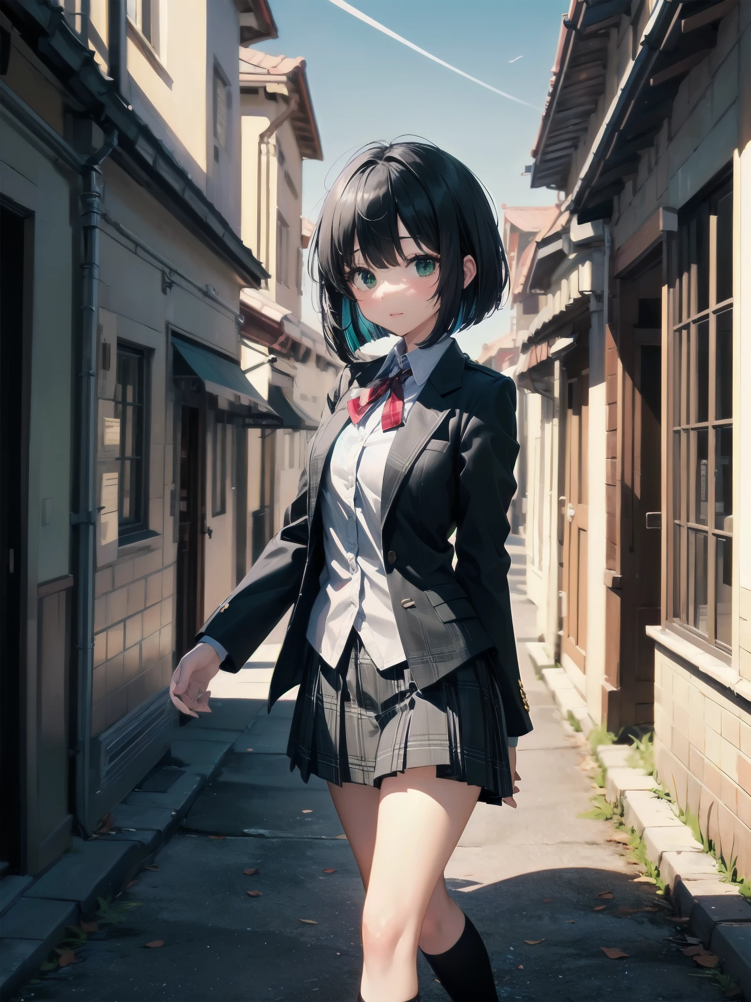 Top-High quality、Highest quality、masterpiece、High Contrast、Colorful、Elegance、Sexy expression、high school girl、Beauty、Bob cut braids、uniform、(red blazer)、Ribbon tie、(Green and gray plaid skirt)、(black tightovie-like shadows、fine shading、cute、Truly unbelievably cute absurd、outside、School trip、national treasures、Traditional buildings、blue sky
