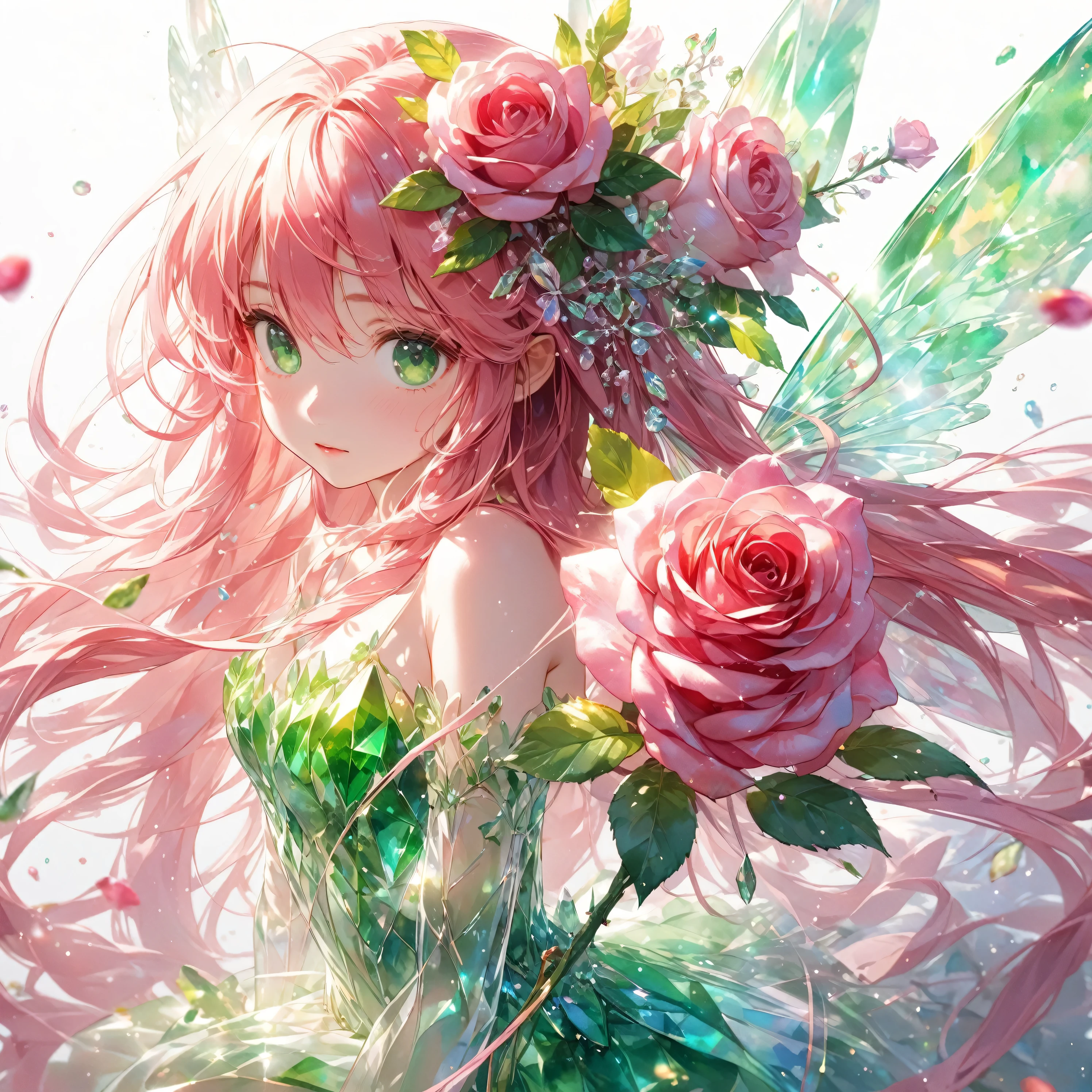 Masterpiece, top quality, A rose fairy girl with long pink hair and green eyes is sitting on a rose. Translucent green crystal clothing. Transparency, particles of light, full body shot, white particles of light, luster, shine, three-dimensional effect, powerful and dramatic. Dynamic and colorful visuals, soft brush strokes similar to watercolors, animation with delicate lines, and multiple cels layered to create the texture of ink. The quality is achieved through needle-like detailed work.